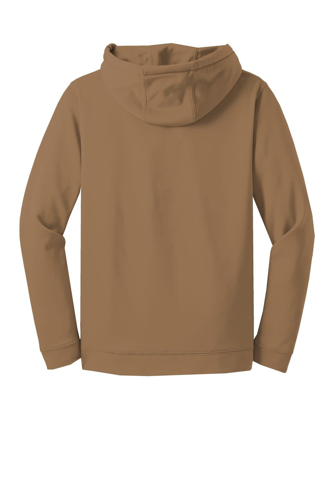 A brown Sport-Tek Sport-Wick fleece hooded pullover, featuring a back view with a hood and long sleeves.