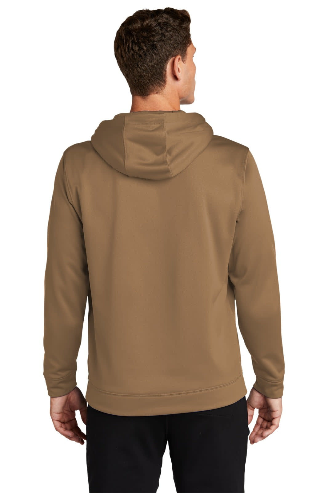 A brown Sport-Tek Sport-Wick fleece hooded pullover with a logo, viewed from the back.