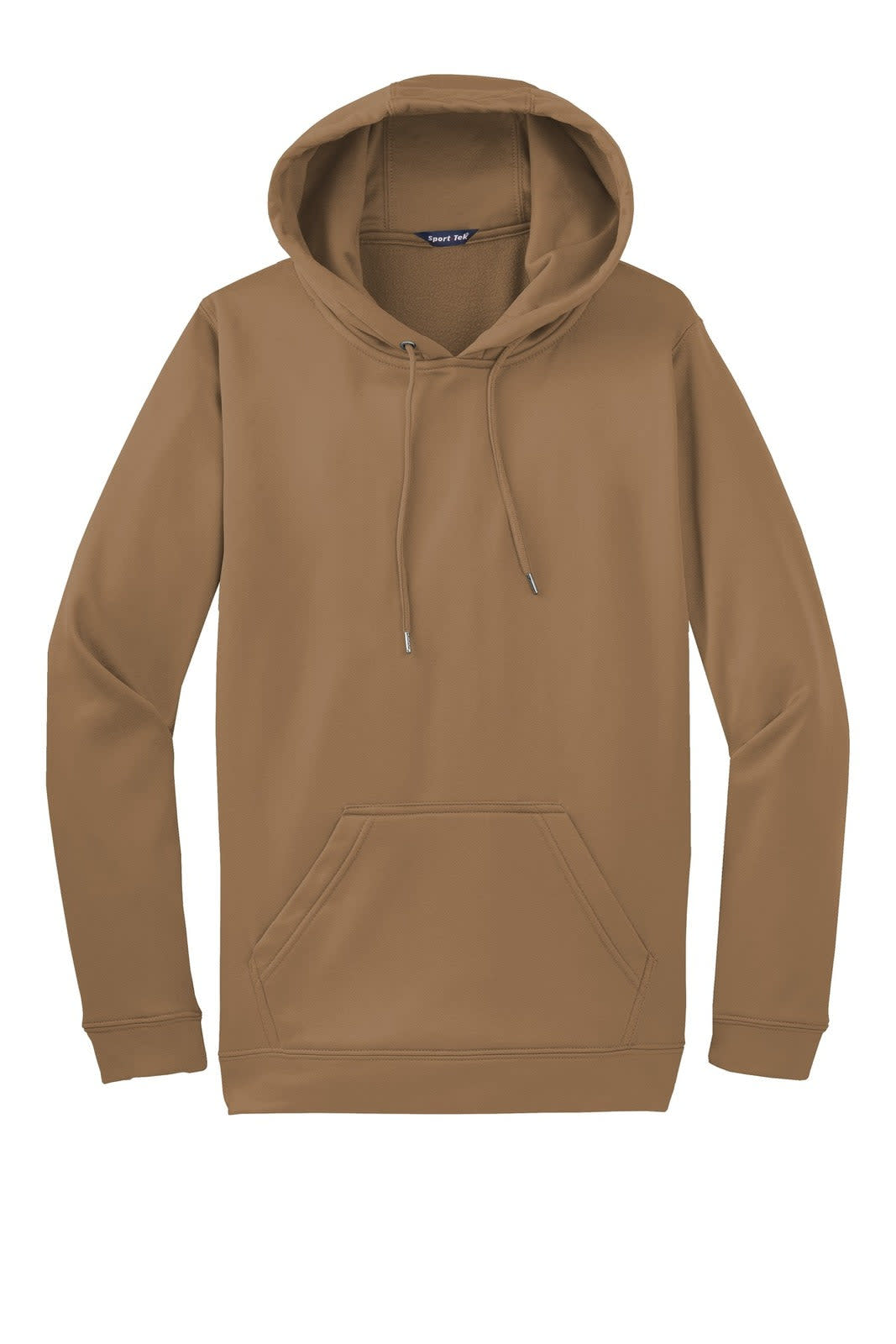 A brown Sport-Tek Sport-Wick fleece hooded pullover with a front pocket and a drawstring hood. It features a logo.