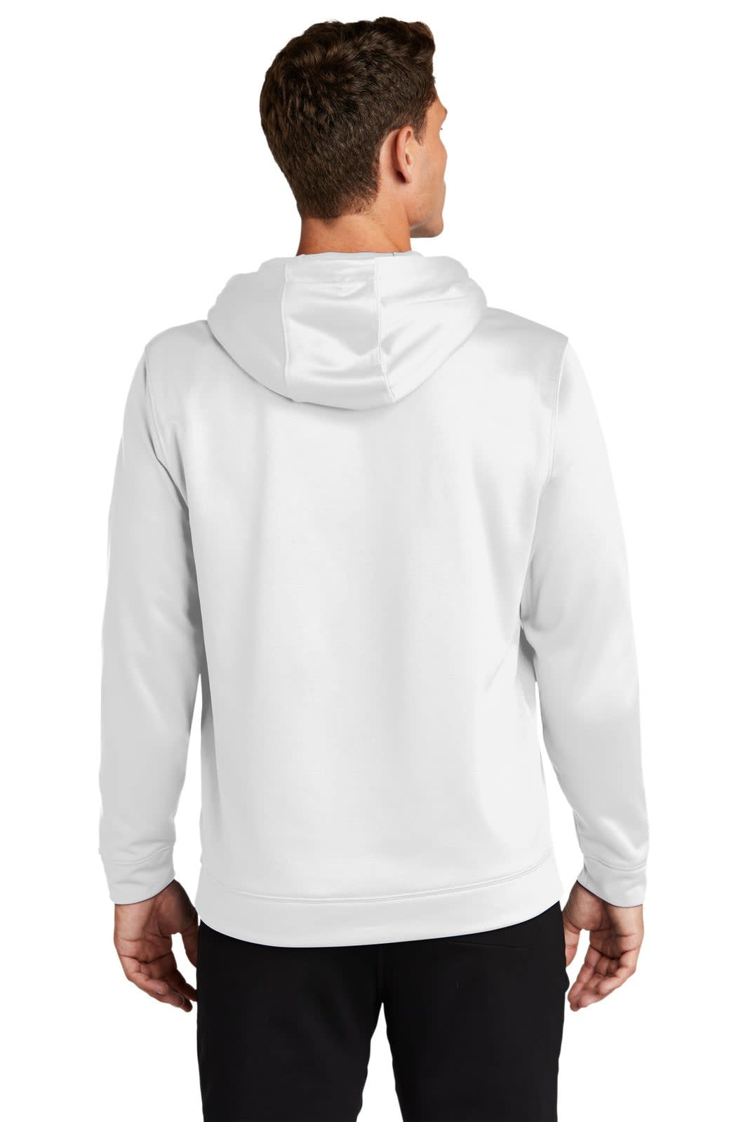 A man in a white hooded pullover, showcasing the back view. The pullover features a hood and has a logo.