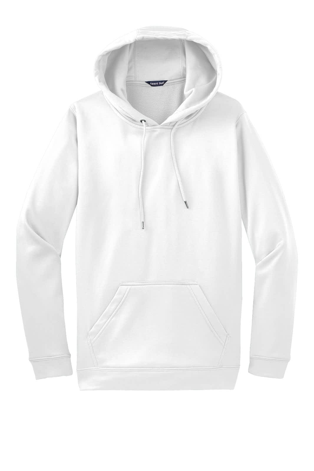 A white Sport-Tek Sport-Wick fleece hooded pullover with a front pocket and a hood, featuring a logo.