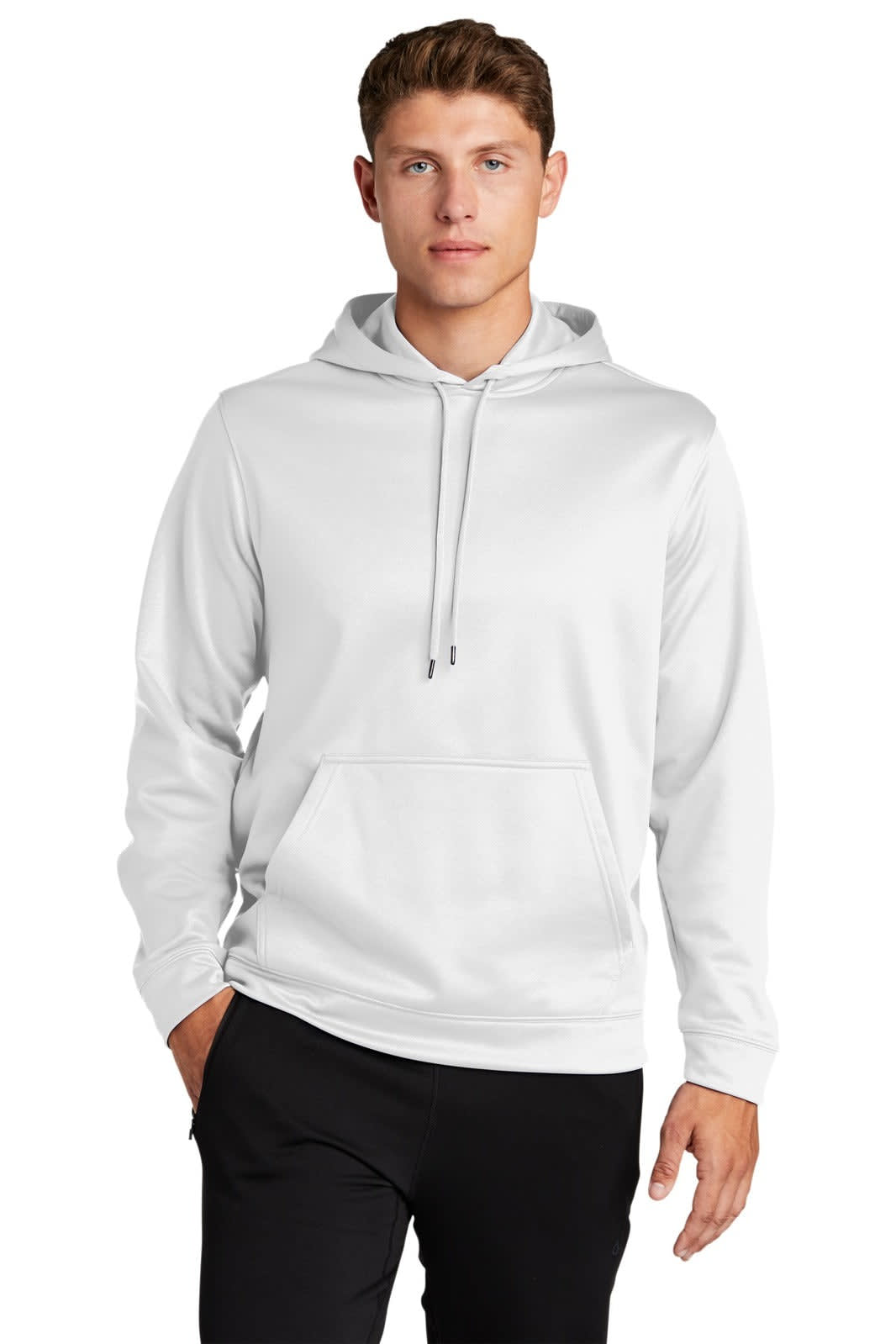 A white Sport-Tek Sport-Wick fleece hooded pullover with a front pocket and drawstring hood. Features branding.