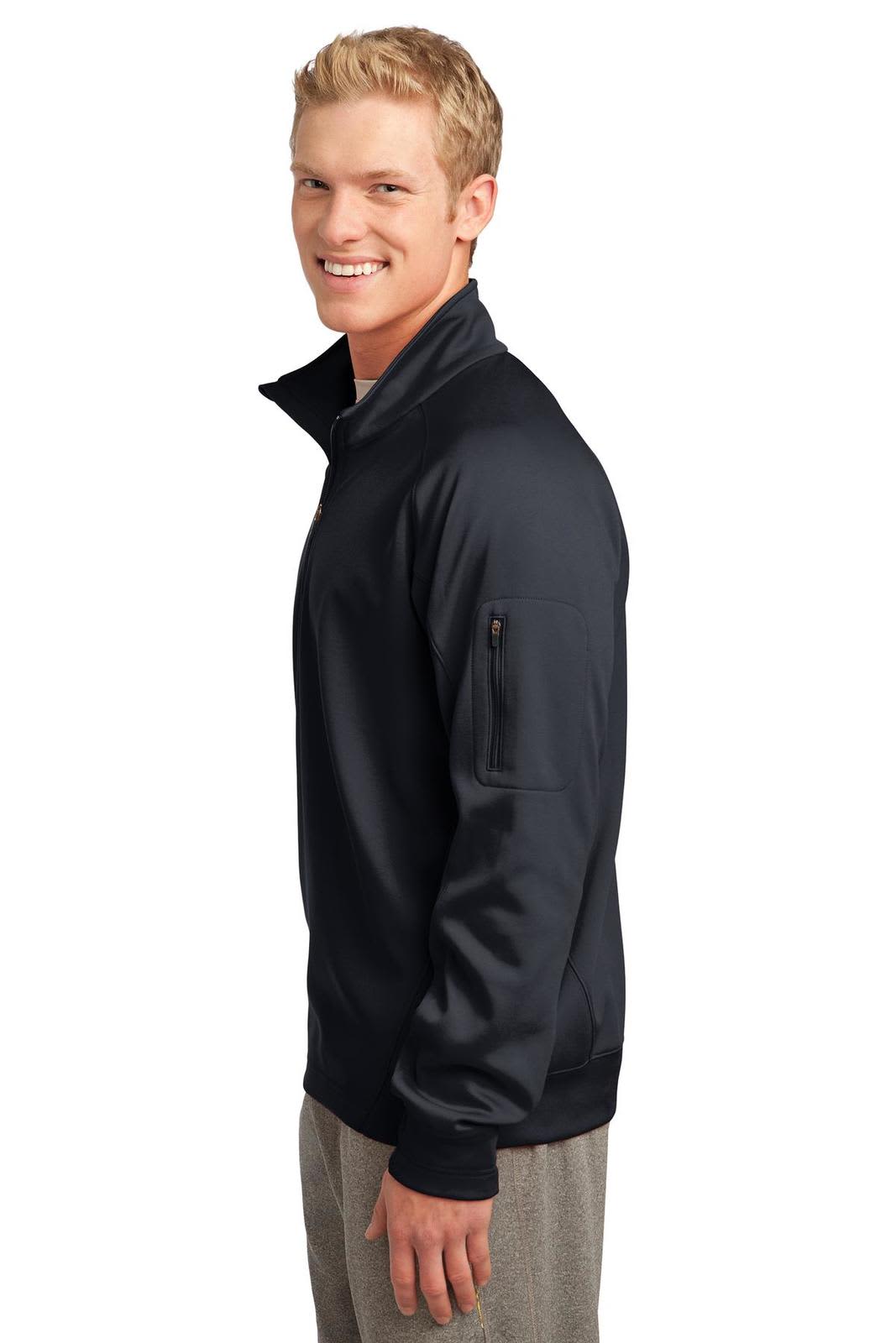 Navy Sport-Tek Tech Fleece 1/4-Zip Pullover, featuring a high collar and a zip pocket on the sleeve.