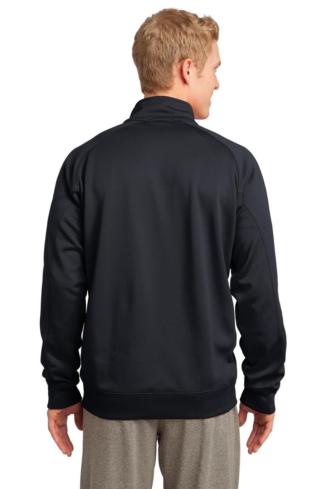 A black Sport-Tek Tech Fleece 1/4-Zip Pullover, featuring a high collar and a logo on the back.