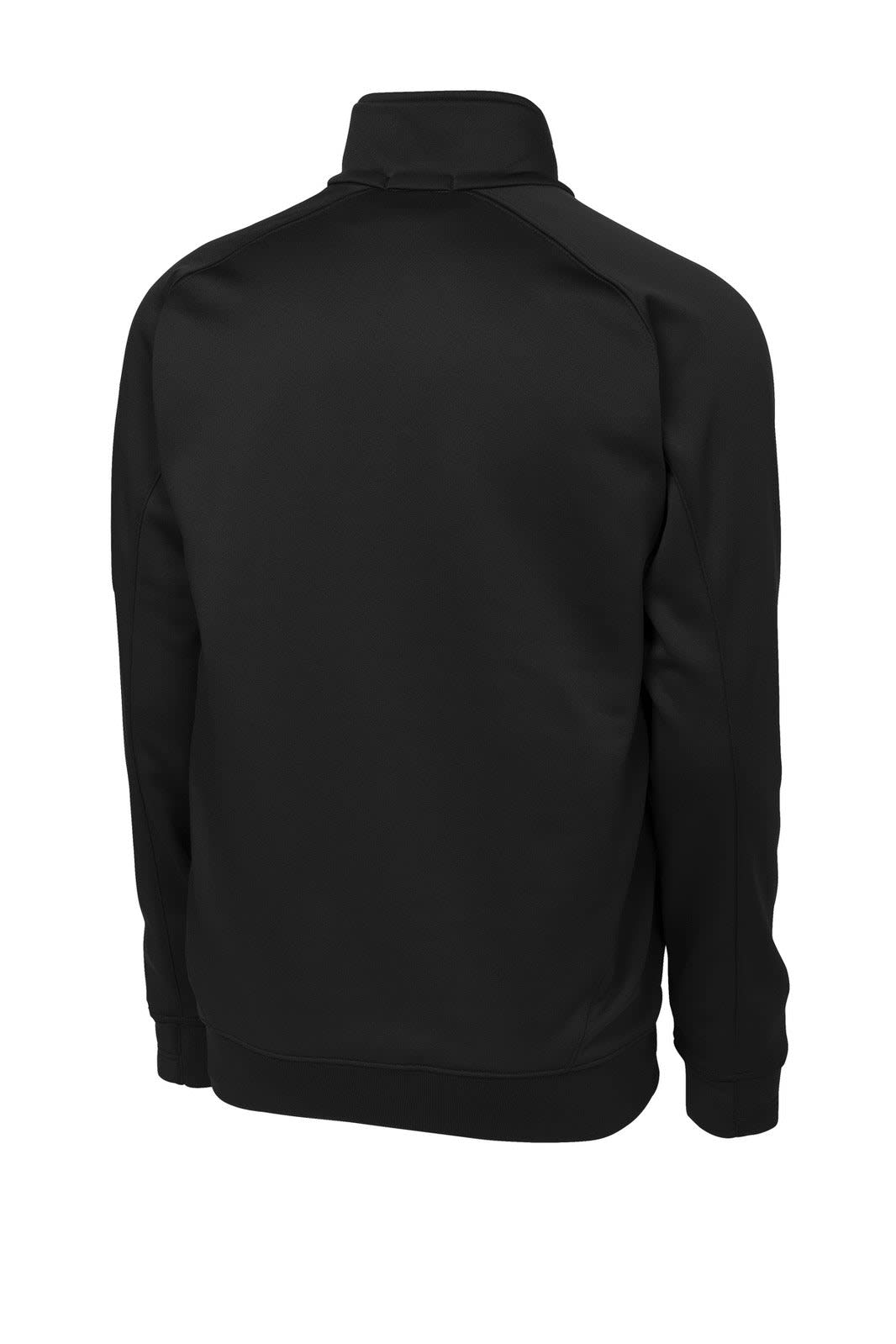 A black Sport-Tek Tech Fleece 1/4-Zip Pullover, featuring a high collar and long sleeves, with a logo on the back.