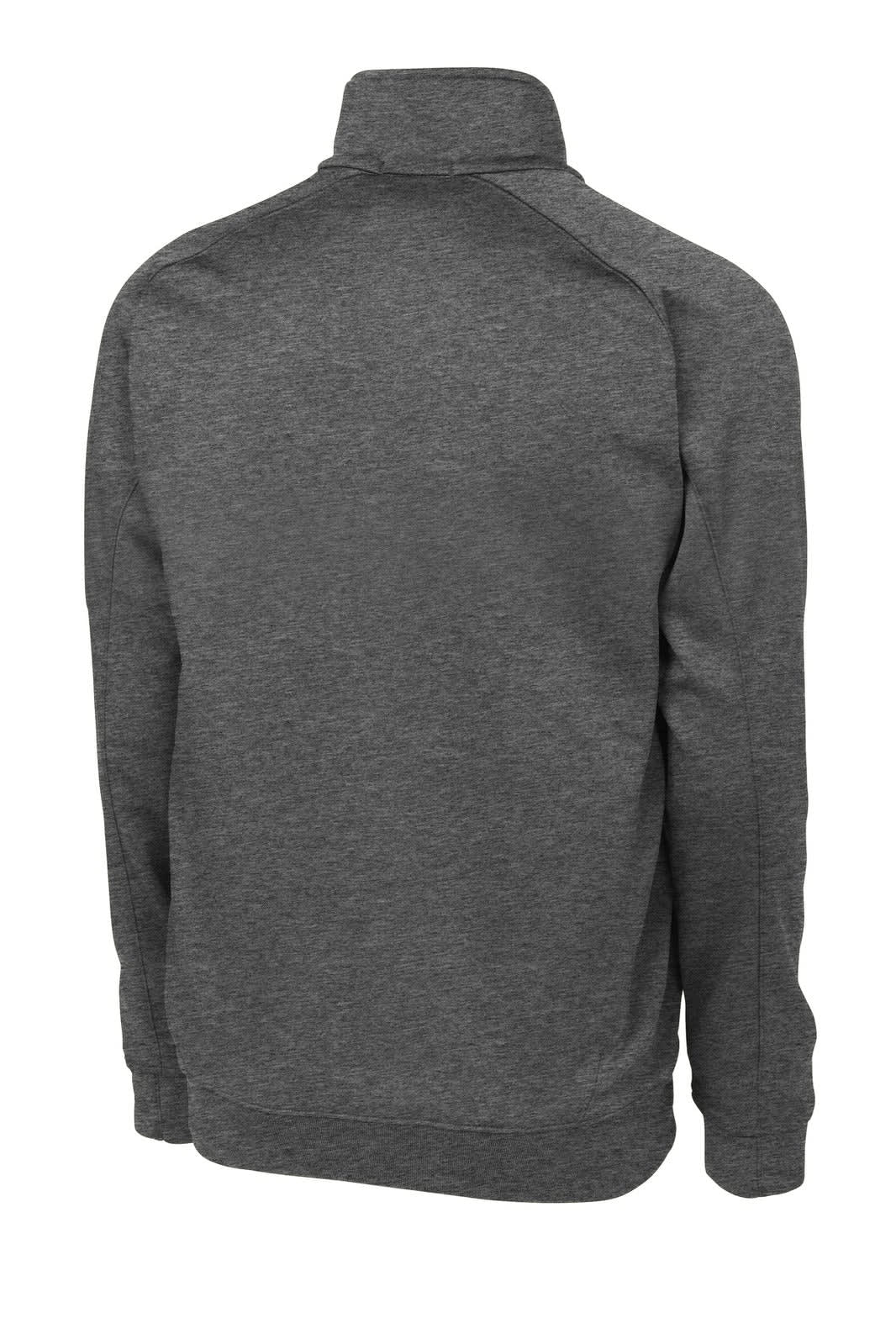 A dark grey Sport-Tek Tech Fleece 1/4-Zip Pullover featuring a collar and long sleeves, with a logo.