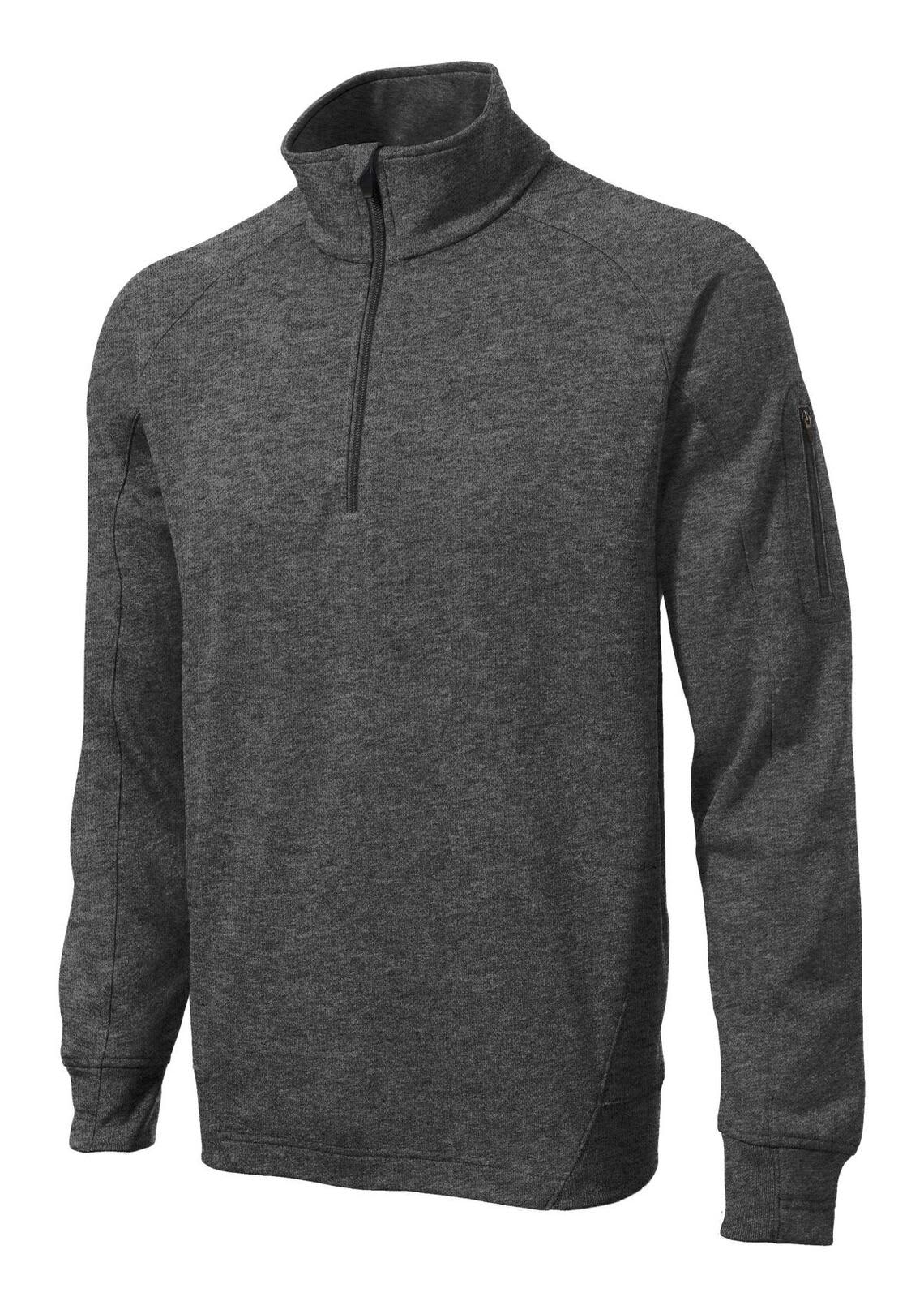 A grey Sport-Tek Tech Fleece 1/4-Zip Pullover with long sleeves and a stand-up collar. Features a logo.