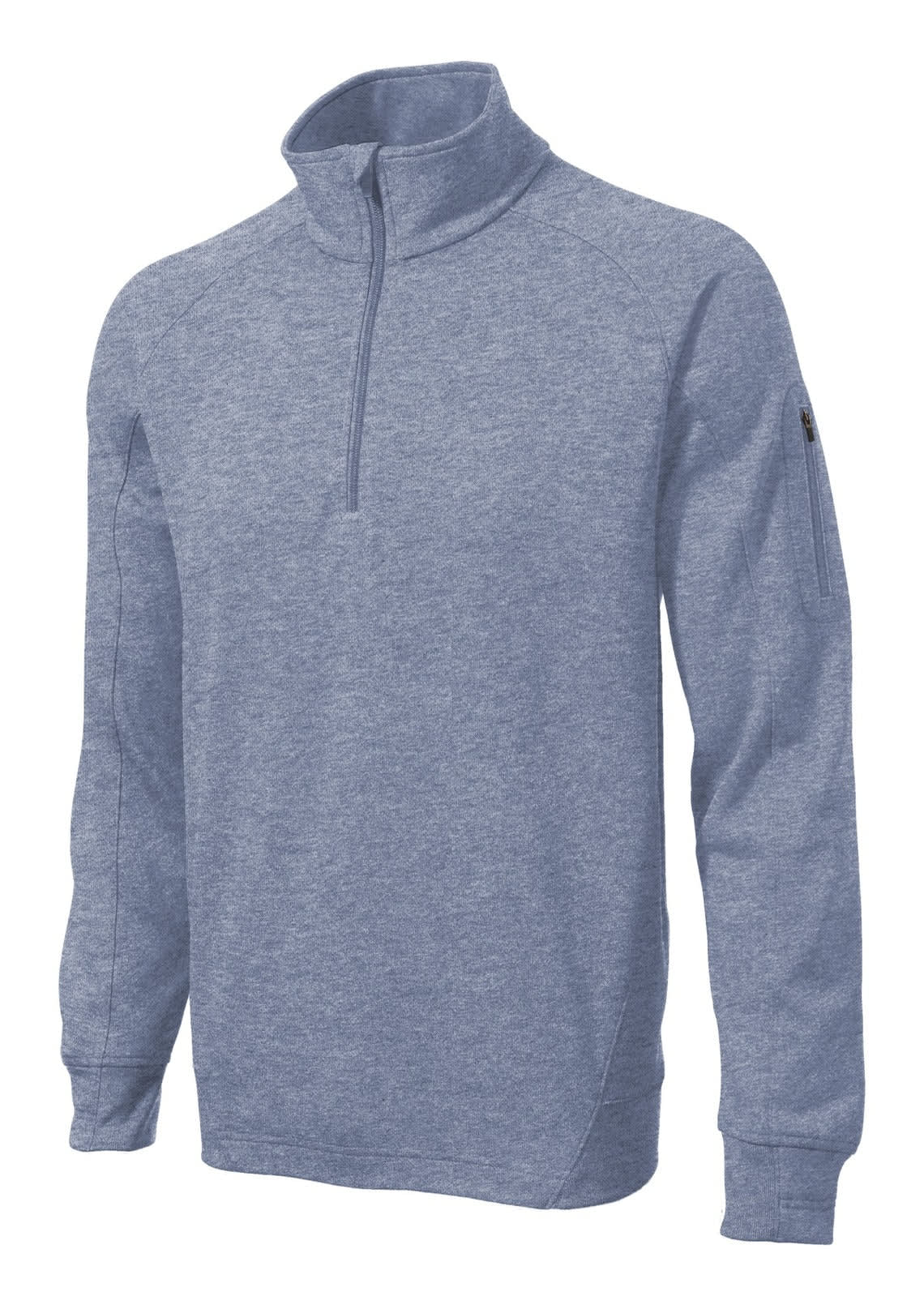 A light blue Sport-Tek Tech Fleece 1/4-Zip Pullover with long sleeves and a funnel neck, featuring a logo.