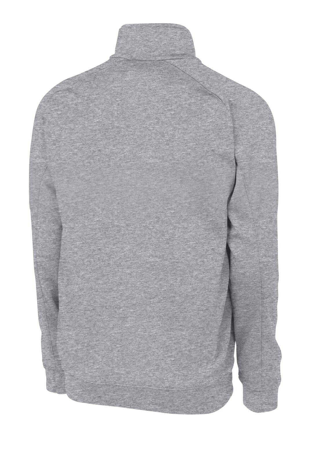A grey Sport-Tek Tech Fleece 1/4-Zip Pullover with a back view and a logo.