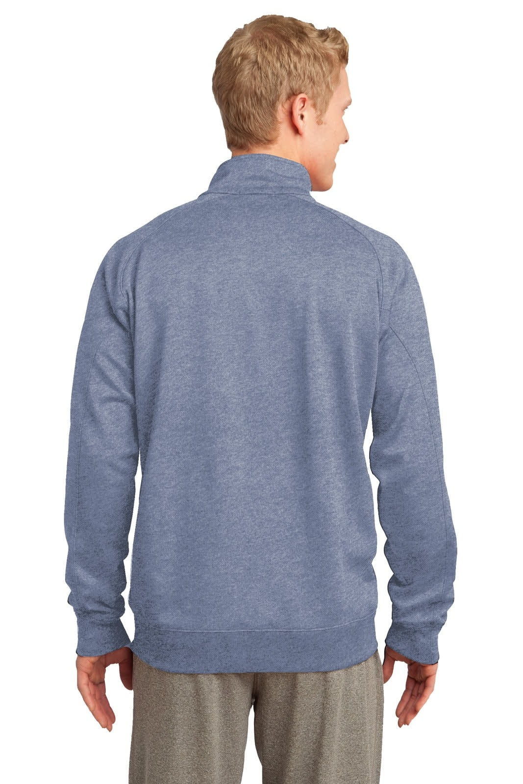 A blue Sport-Tek Tech Fleece 1/4-Zip Pullover featured on a model from the back, showcasing its sleek design.