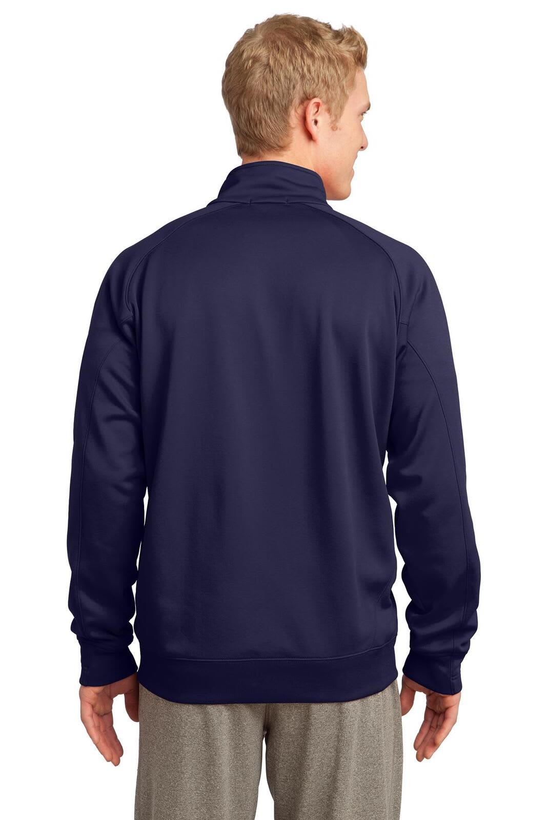A navy blue Sport-Tek Tech Fleece 1/4-Zip Pullover featuring a back view. The pullover has a logo on it.
