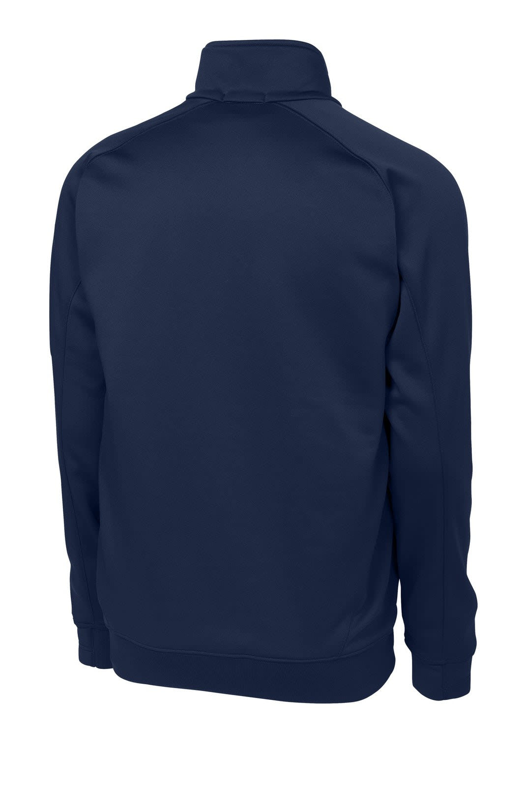 A navy blue Sport-Tek Tech Fleece 1/4-Zip Pullover featuring a back view and a logo on the fabric.