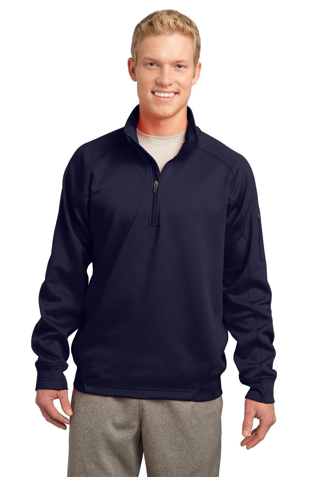A navy blue Sport-Tek Tech Fleece 1/4-Zip Pullover with a logo, worn by a model.