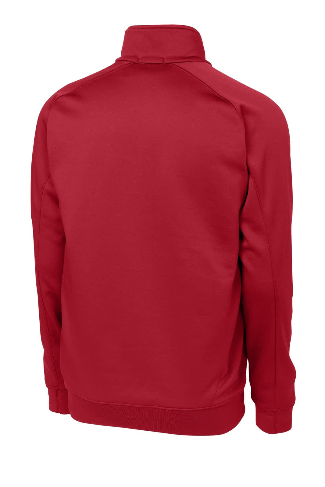 A red Sport-Tek Tech Fleece 1/4-Zip Pullover, featuring a back view with a collar and fitted design.