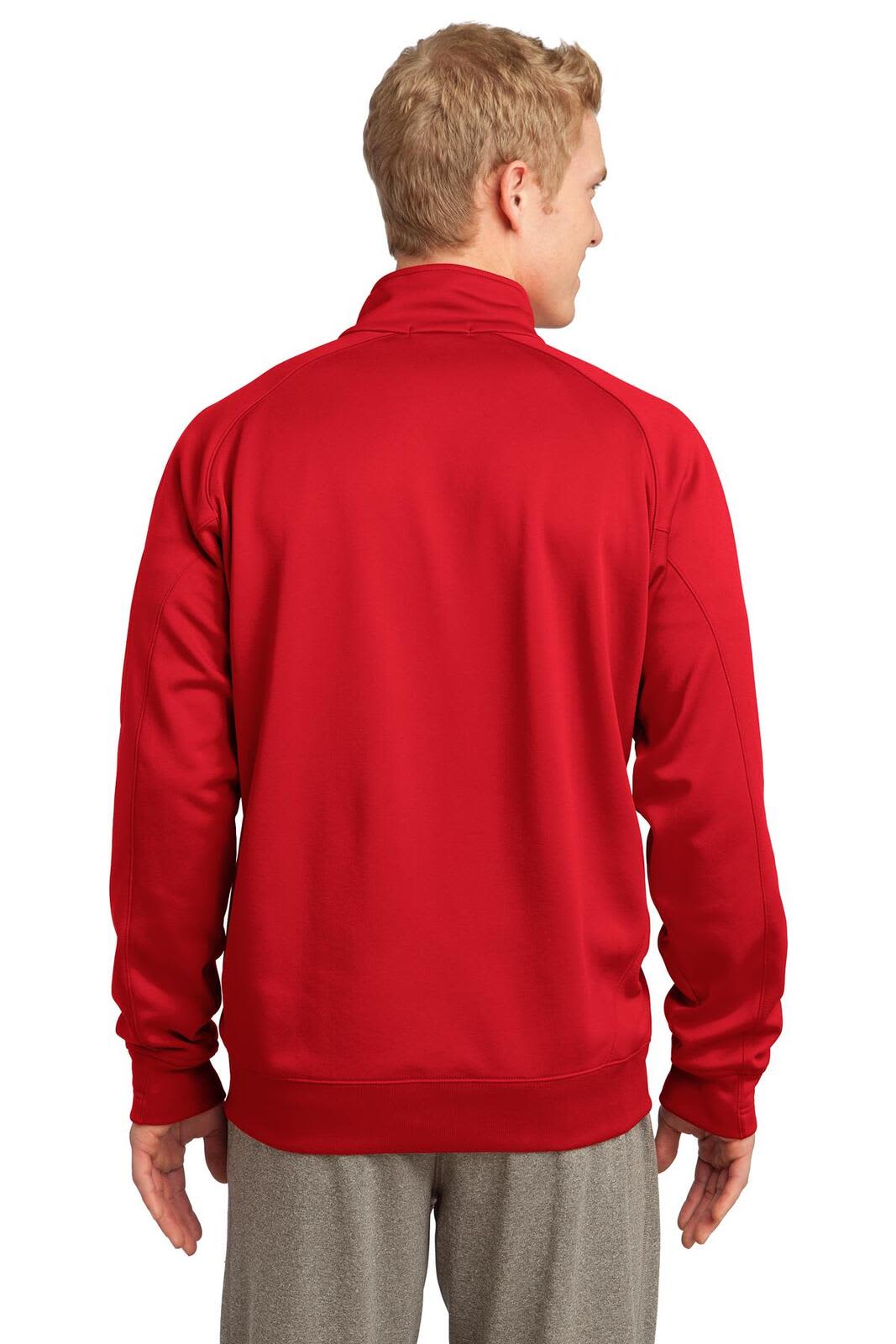 A red Sport-Tek Tech Fleece 1/4-Zip Pullover viewed from the back, featuring a simple design and a snug fit.