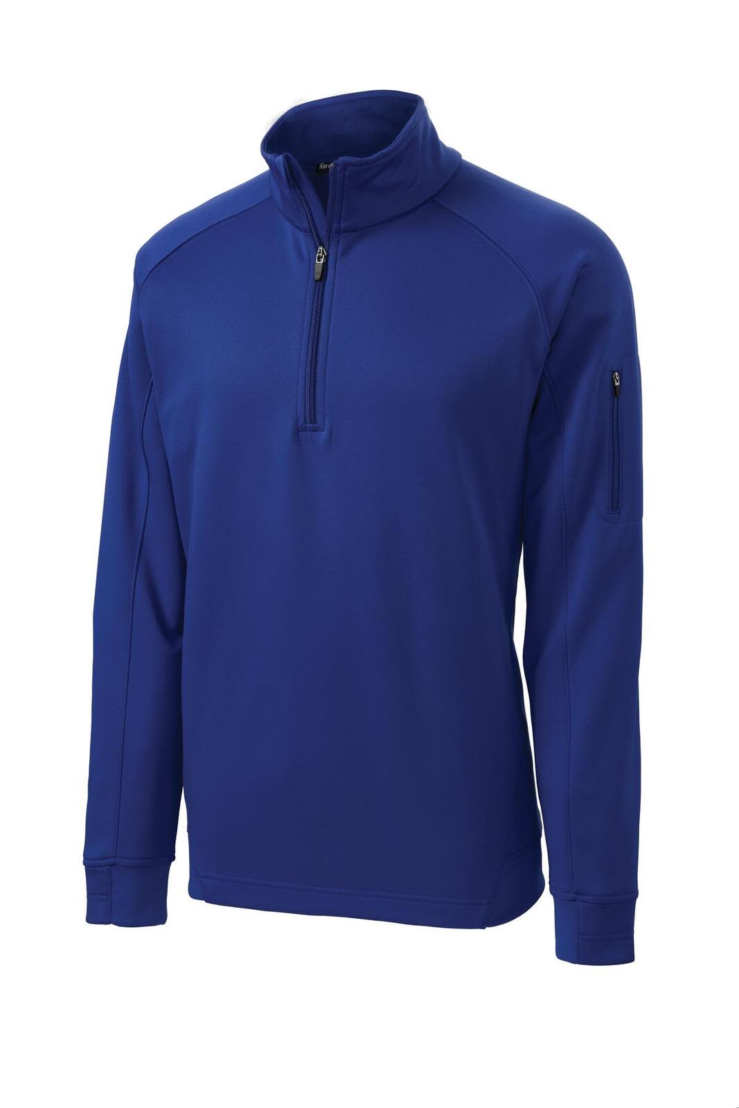 A blue Sport-Tek Tech Fleece 1/4-Zip Pullover with a zippered collar and a side pocket.