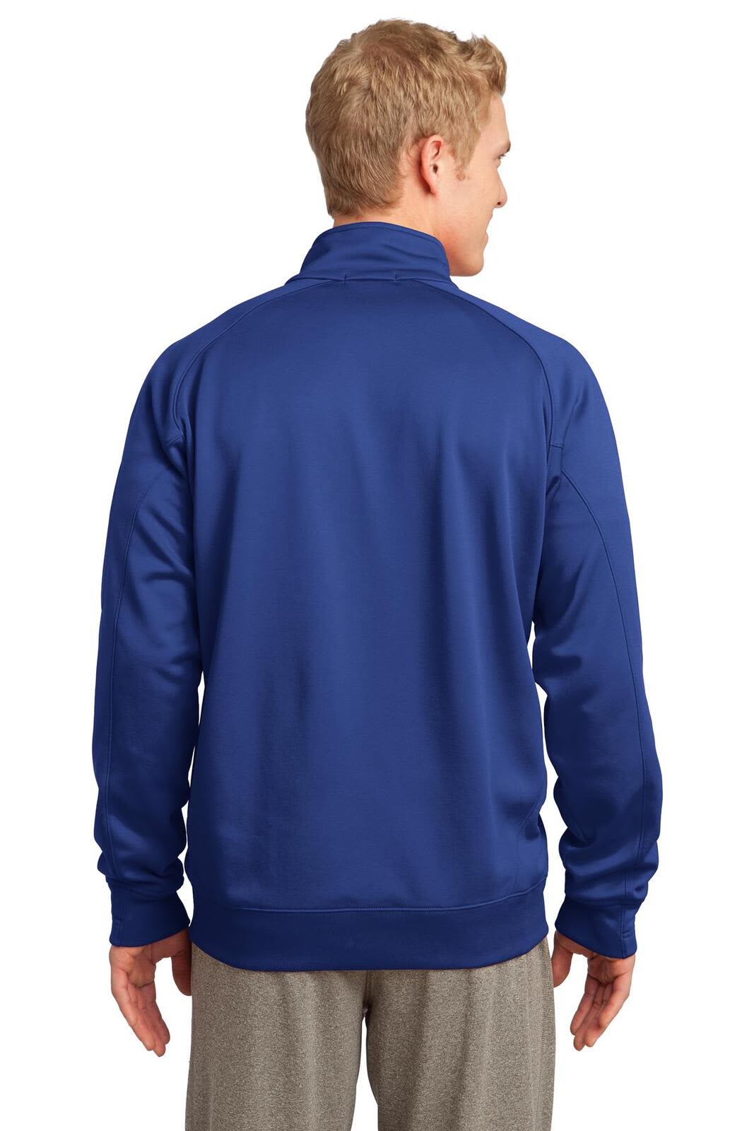 A navy blue Sport-Tek Tech Fleece 1/4-zip pullover with a logo, displayed from the back.