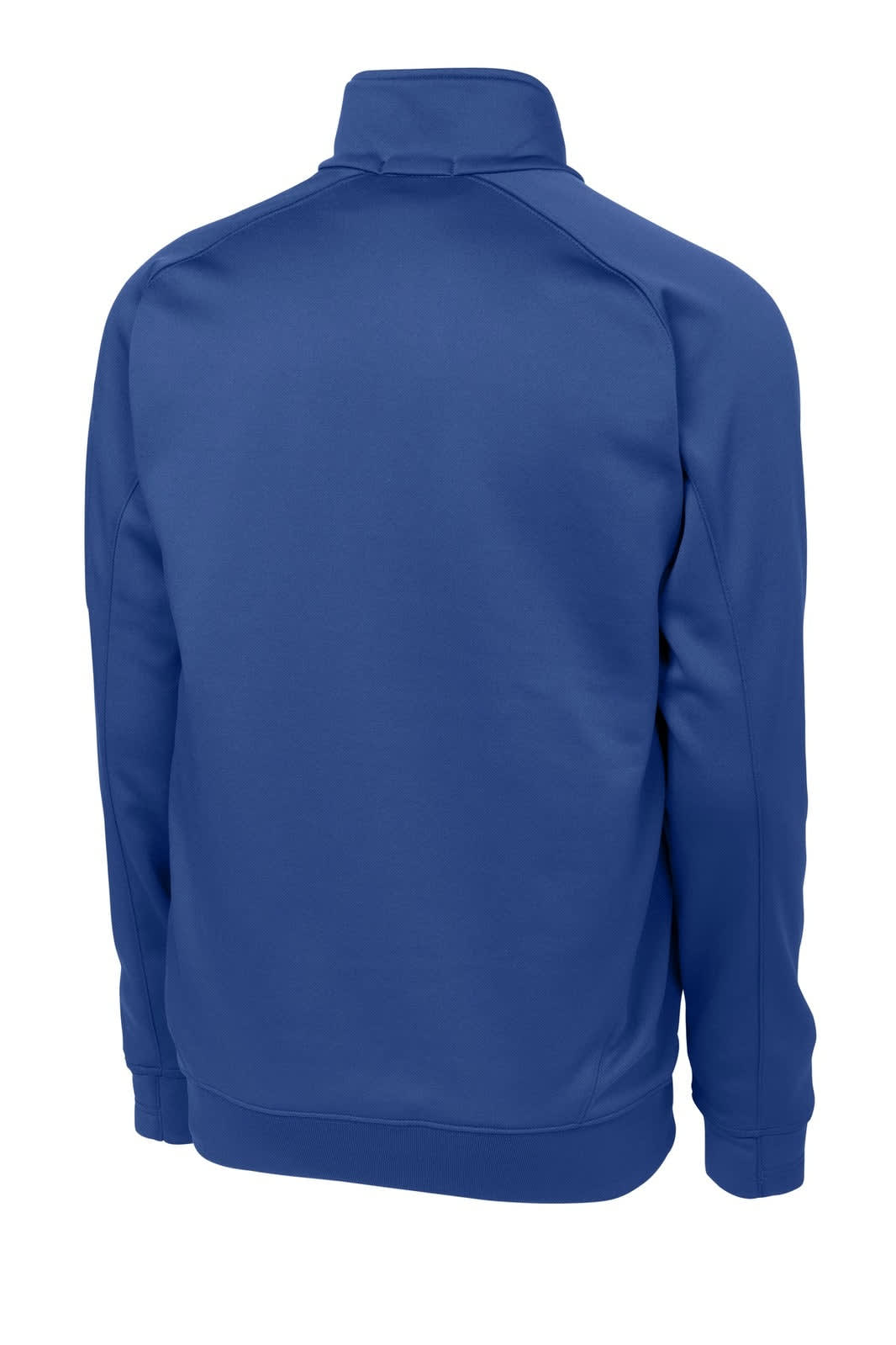 A blue Sport-Tek Tech Fleece 1/4-Zip Pullover featuring a collar and a logo on the back.