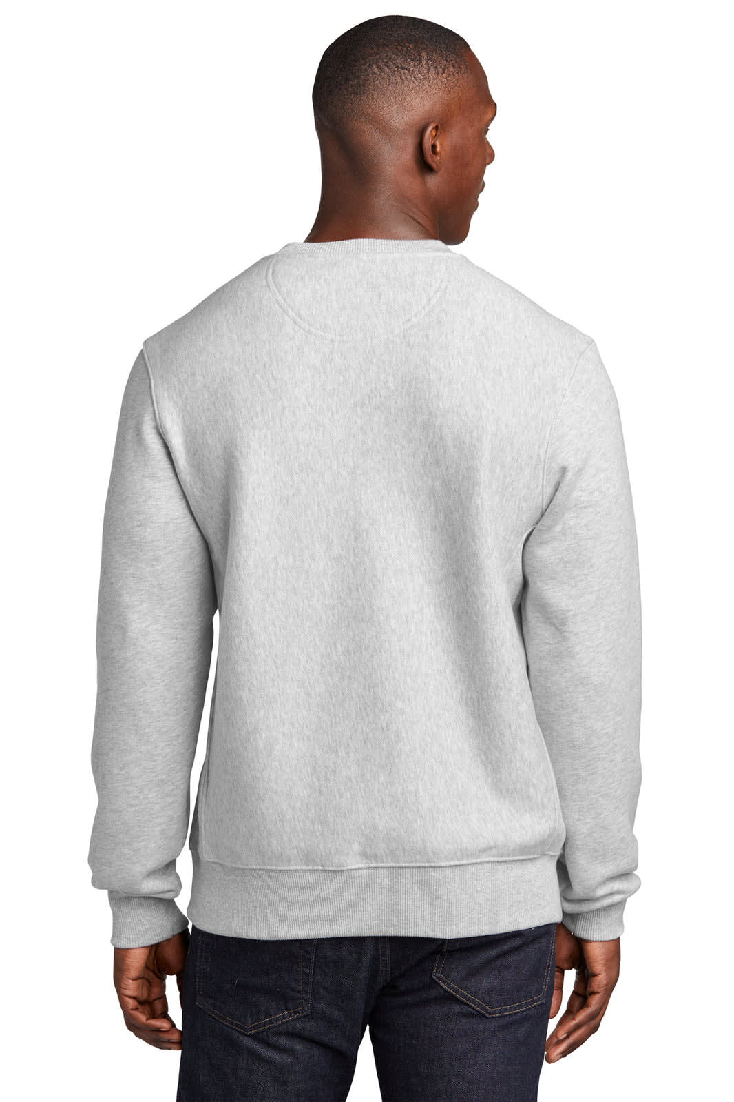 A man wearing a grey Super Heavyweight Crewneck Sweatshirt, viewed from the back. The sweatshirt has a simple design and long sleeves.