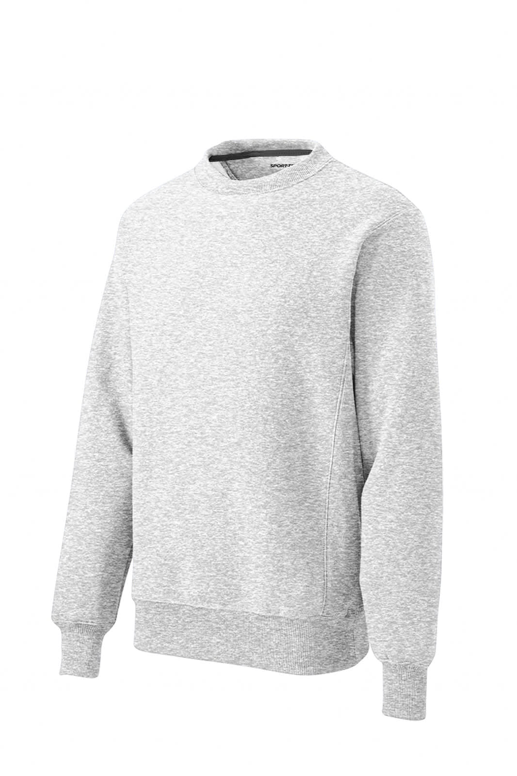A grey crewneck sweatshirt with a relaxed fit, featuring long sleeves and a ribbed hem. It includes a logo.