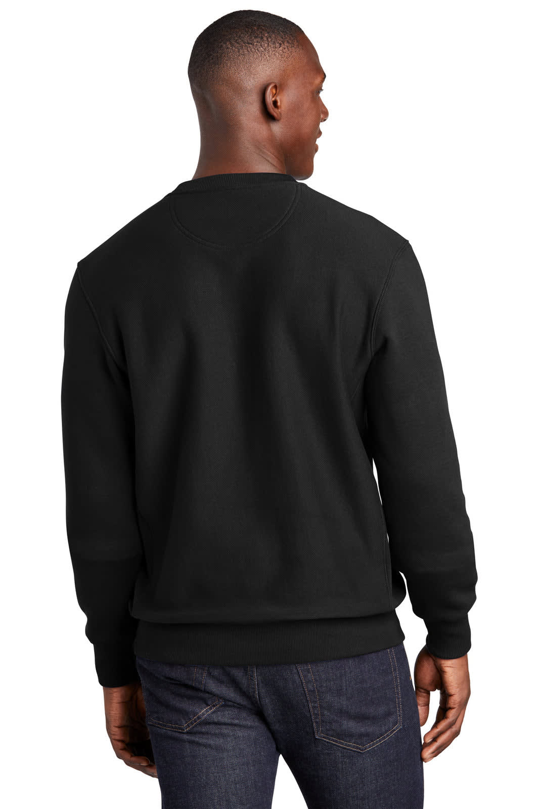 A black Sport-Tek Super Heavyweight Crewneck Sweatshirt viewed from the back, featuring a logo on the garment.