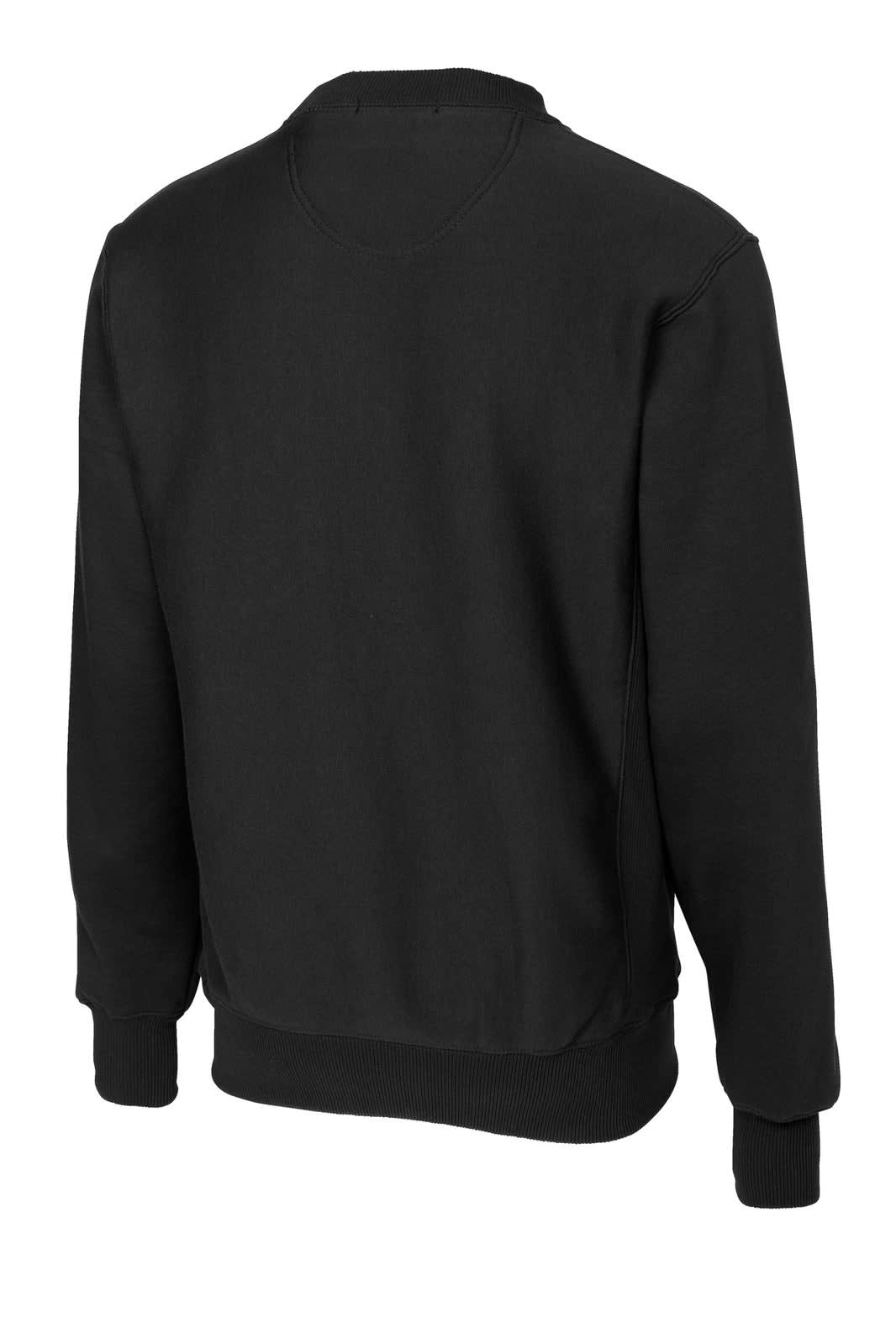 A black crewneck sweatshirt with long sleeves and a relaxed fit, featuring a logo on the back.