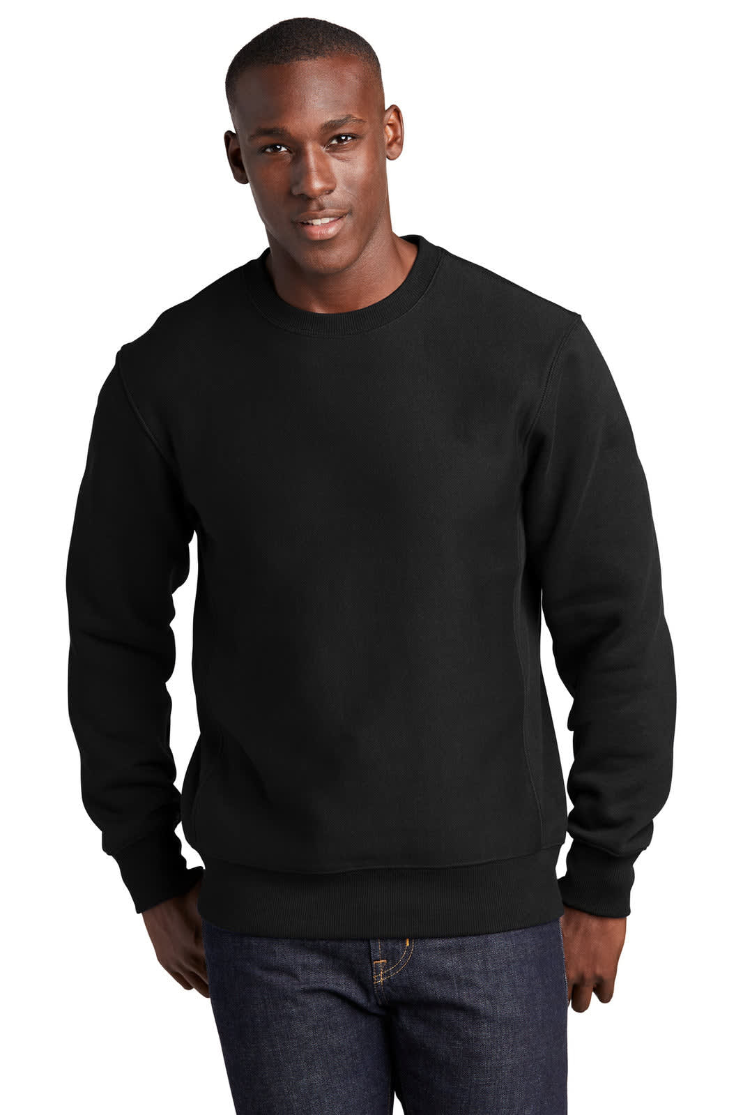 A man wears a black Sport-Tek Super Heavyweight Crewneck Sweatshirt, featuring a logo on the chest.