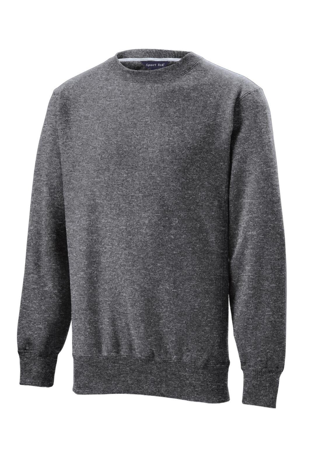 A grey Sport-Tek Super Heavyweight Crewneck Sweatshirt with long sleeves and a ribbed hem, featuring a logo.