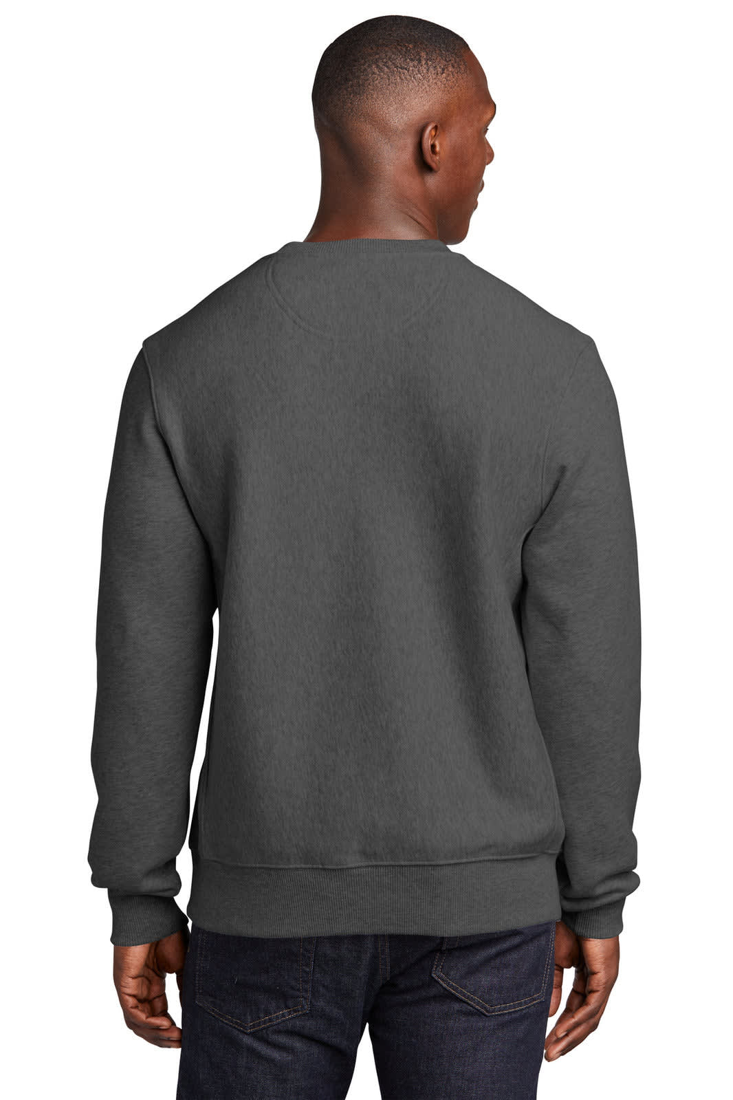 A grey Sport-Tek Super Heavyweight Crewneck Sweatshirt viewed from the back, featuring a subtle logo.