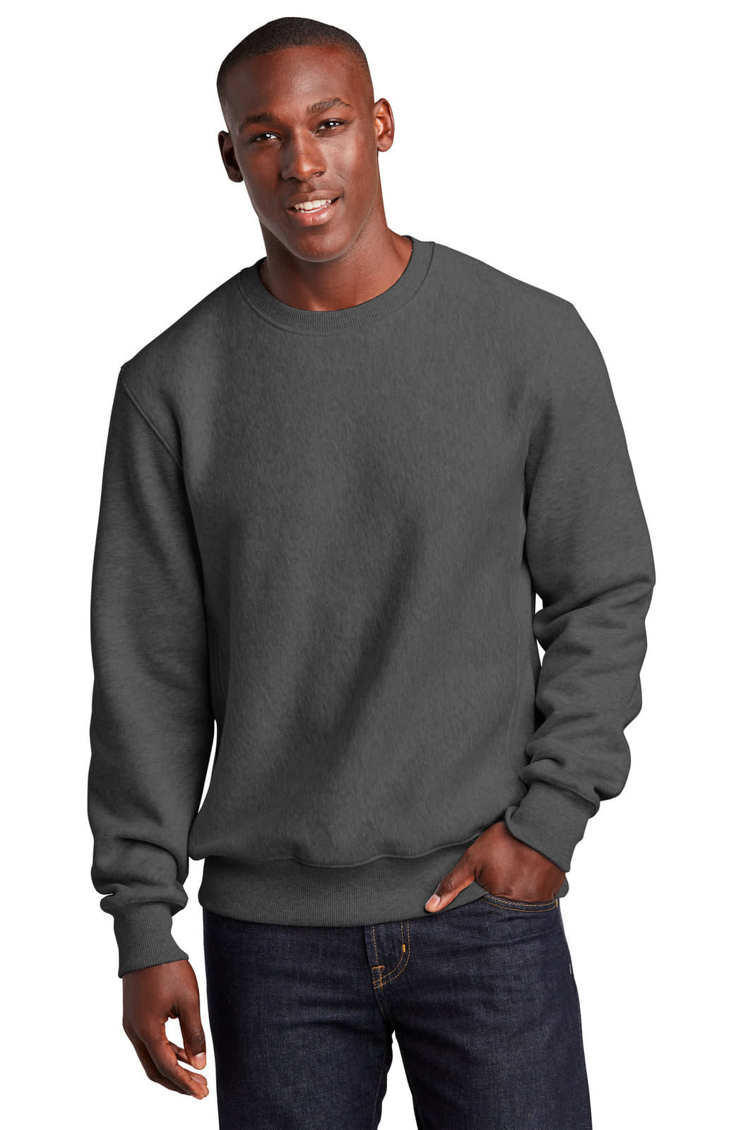 A man models a charcoal grey Sport-Tek Super Heavyweight Crewneck Sweatshirt, featuring a logo on the front.