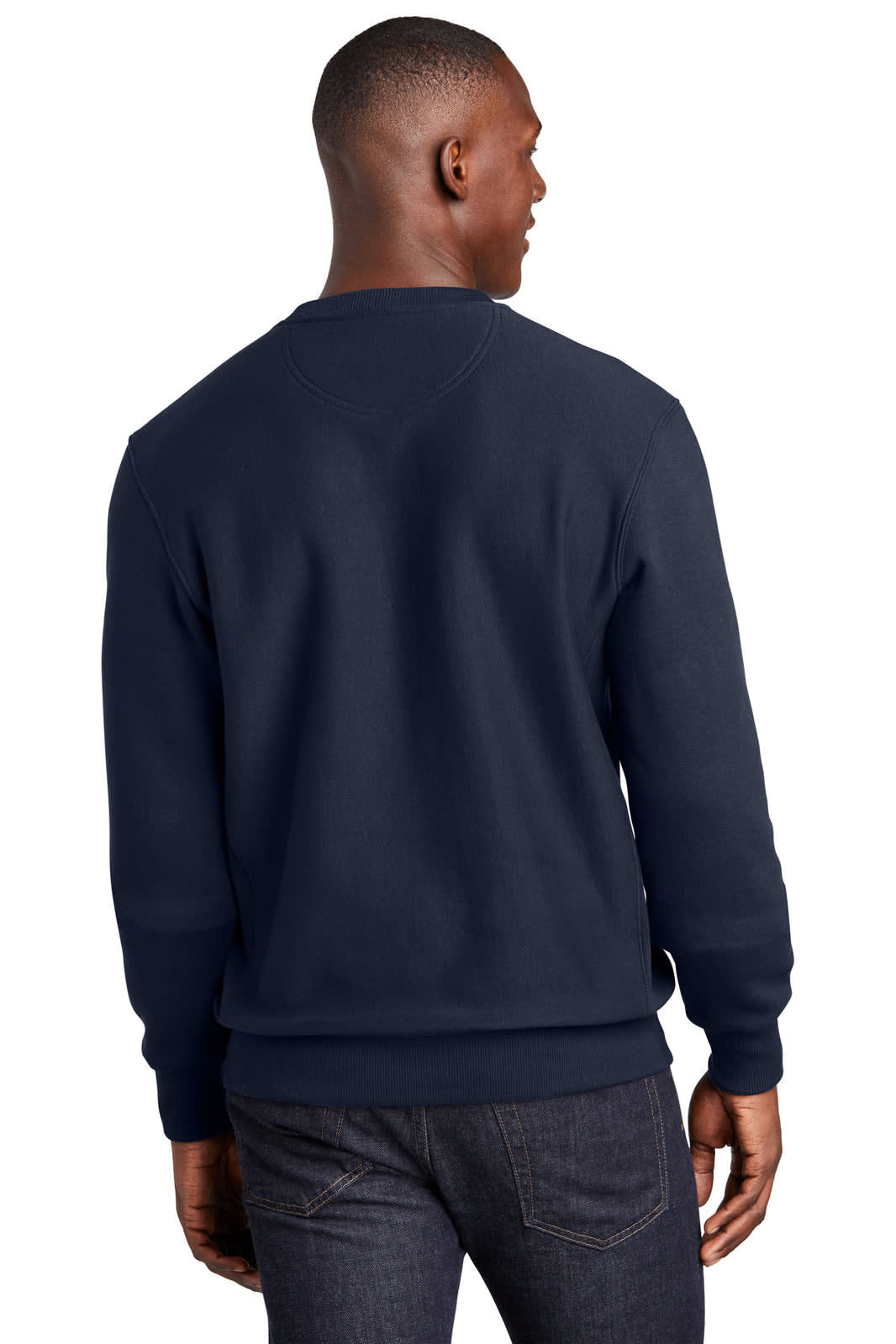 A navy blue crewneck sweatshirt with a relaxed fit, featuring a simple design and a logo on the back.