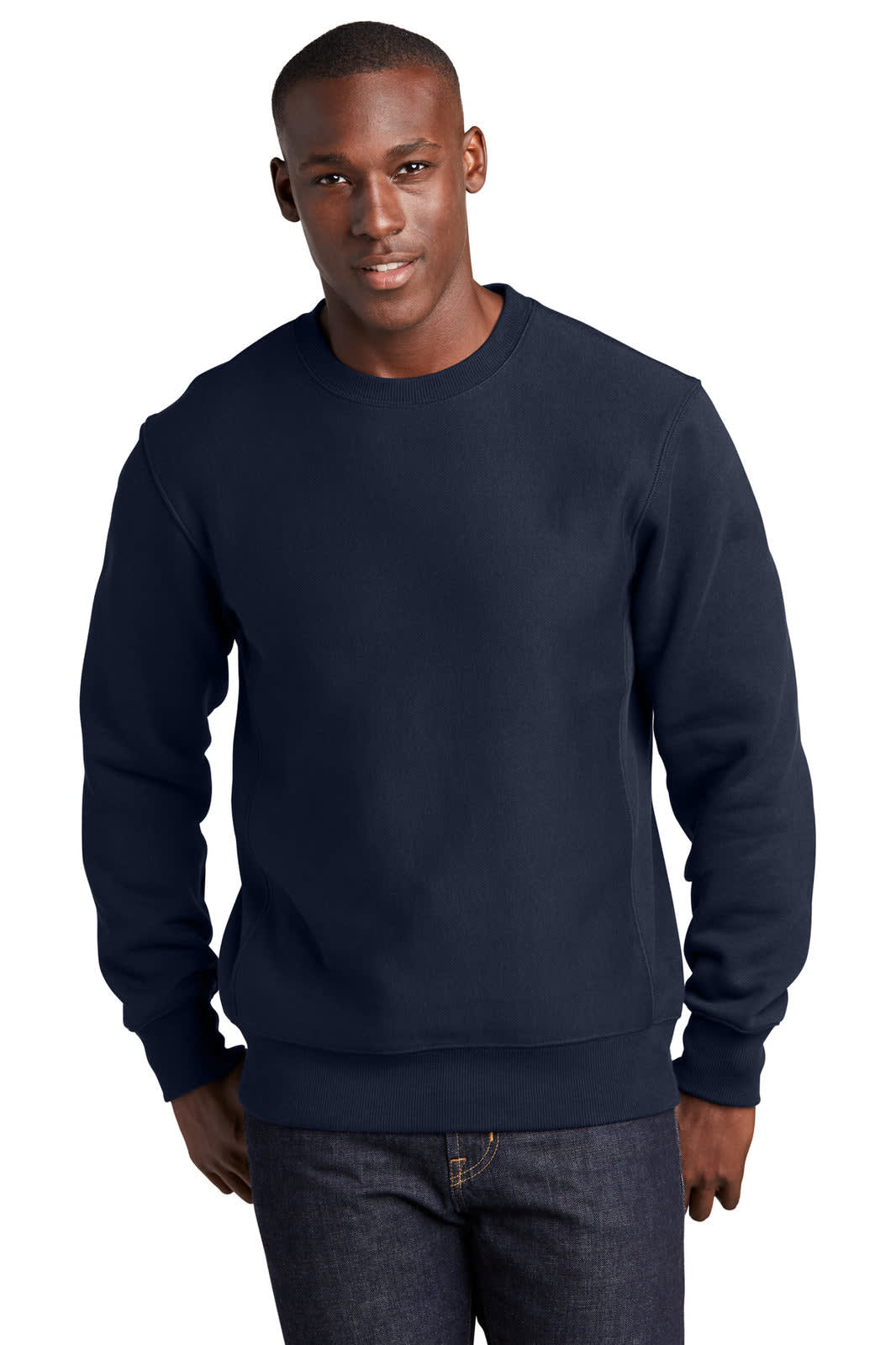A navy crewneck sweatshirt worn by a model, featuring a simple design and a logo on the chest.