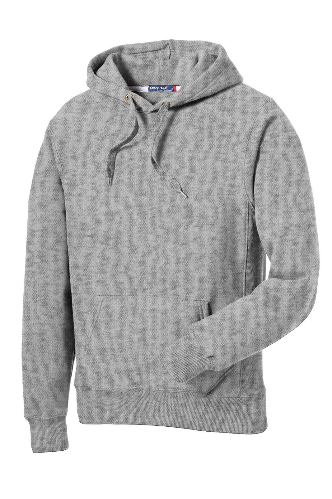 A grey Sport-Tek Super Heavyweight Pullover Hooded Sweatshirt featuring a front pocket and a hood. It has a logo.