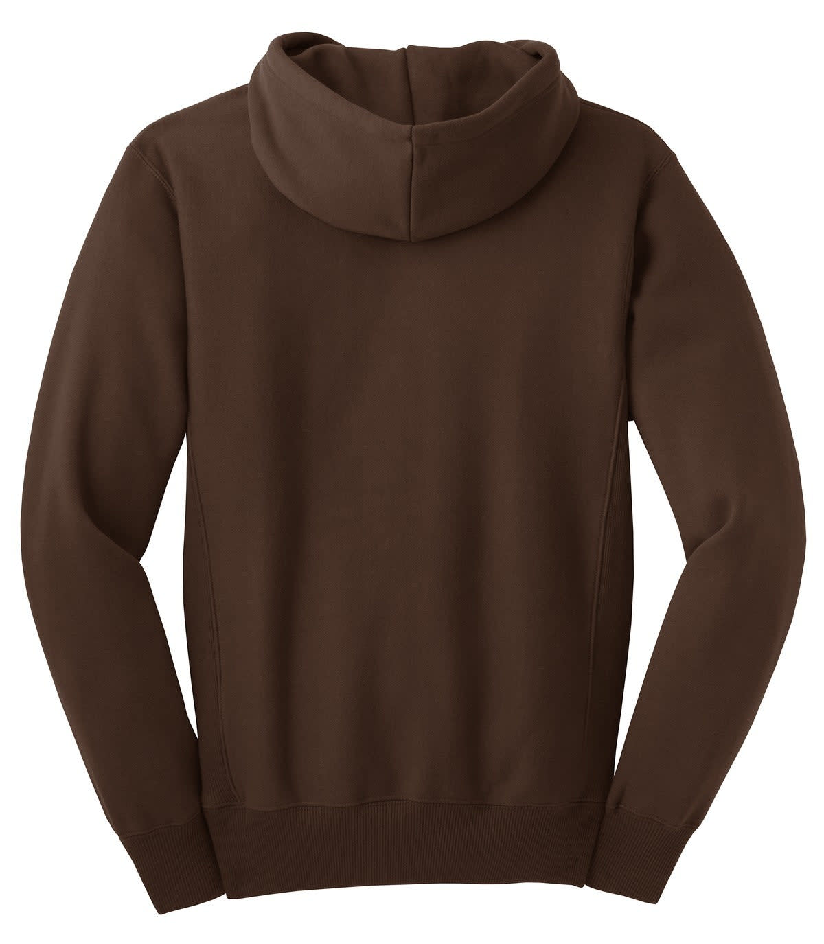 A brown hooded sweatshirt featuring a simple design and a logo on the back.