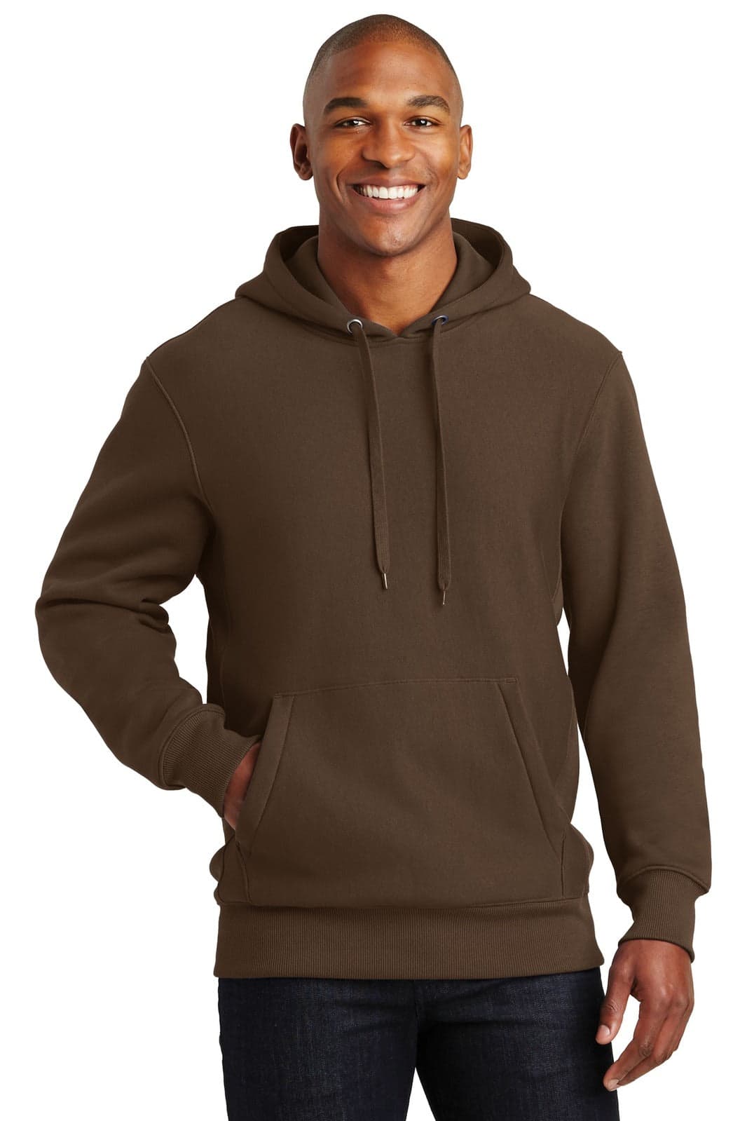 A brown pullover hooded sweatshirt with a front pocket and an attached hood, featuring a logo.