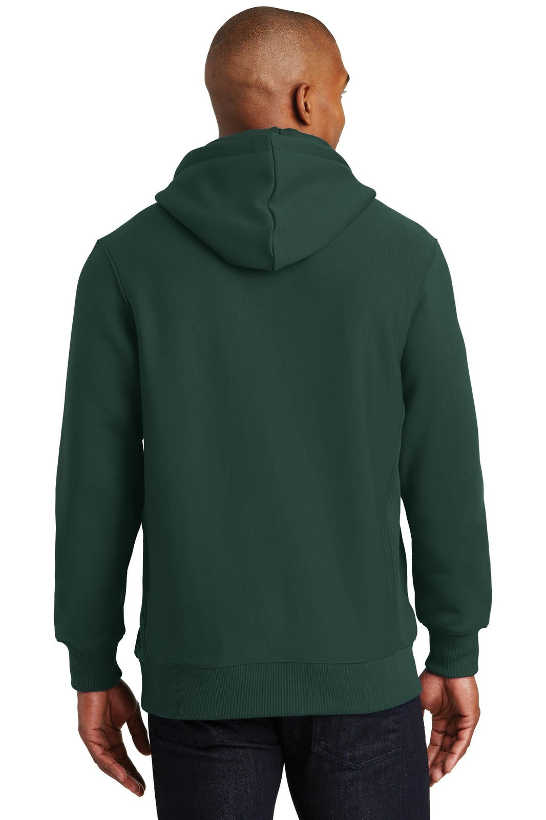 A dark green hooded sweatshirt featuring a back view, with a simple design and a logo.