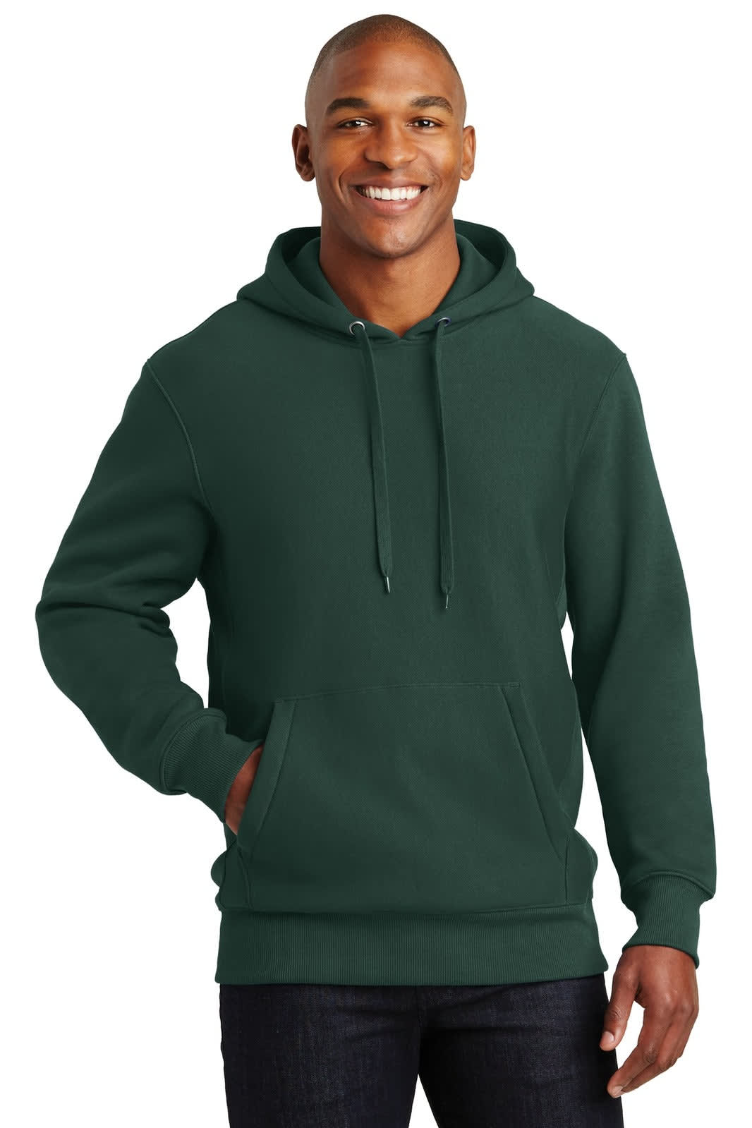 A green Sport-Tek Super Heavyweight Pullover Hooded Sweatshirt featuring a front pocket and a hood.