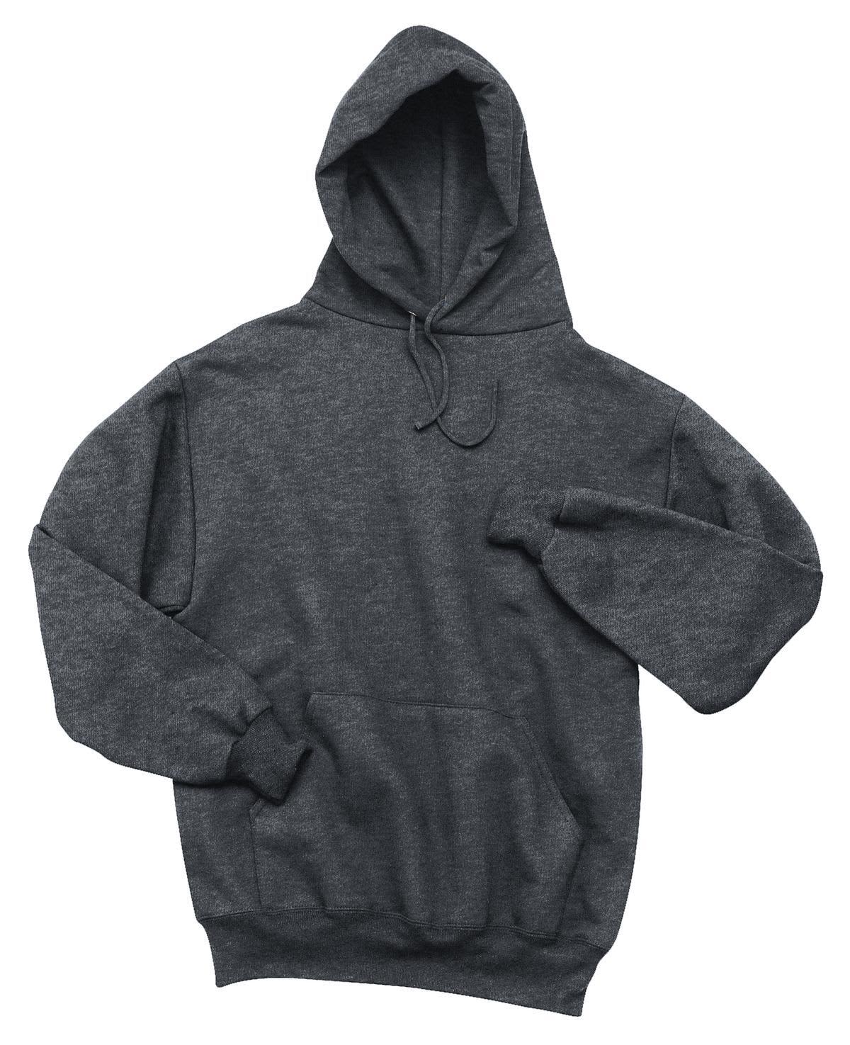 A dark grey pullover hooded sweatshirt featuring a front pocket and a drawstring hood. It has a logo on the chest.