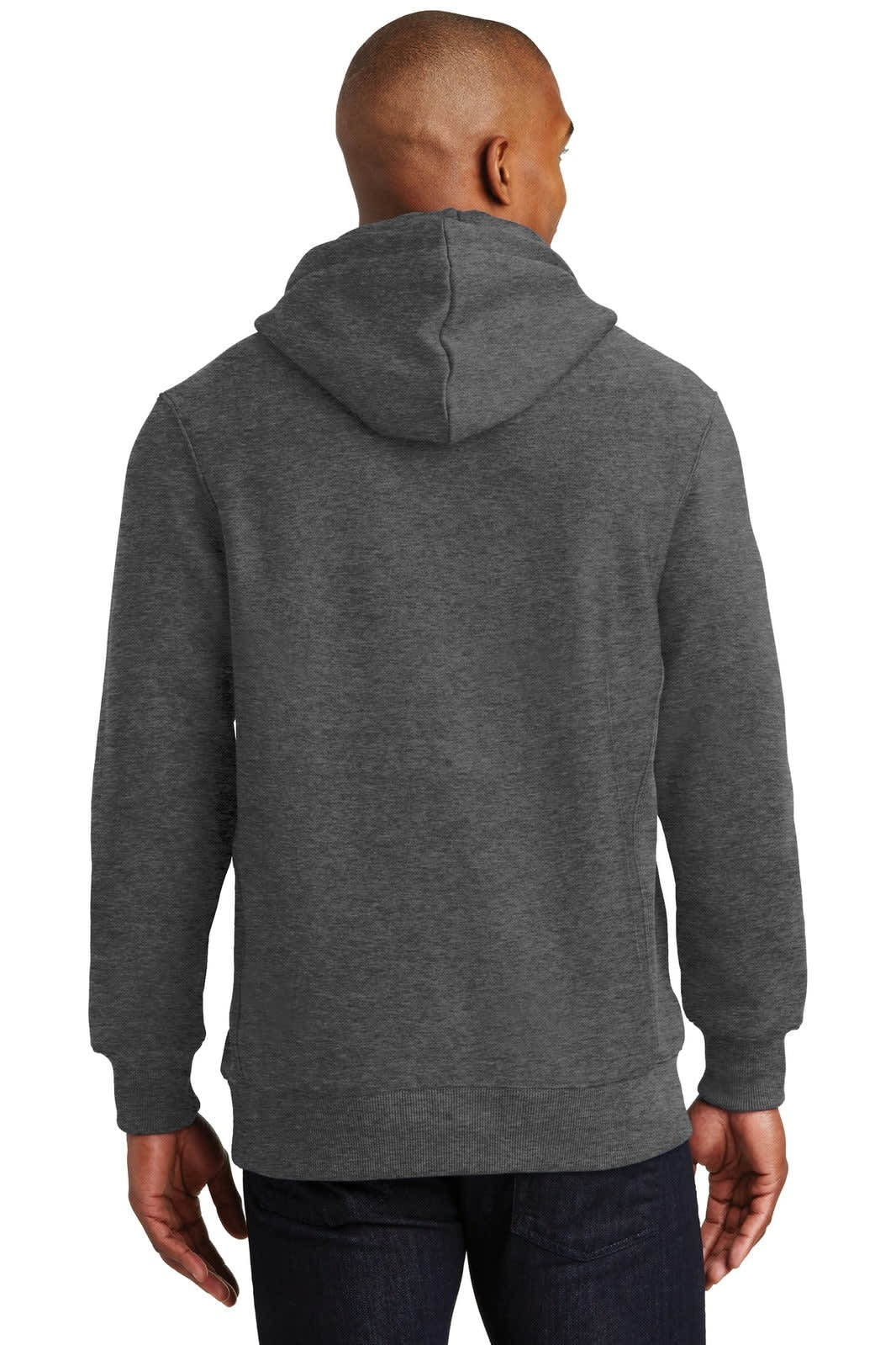 A man is wearing a grey Sport-Tek Super Heavyweight Pullover Hooded Sweatshirt, viewed from the back.