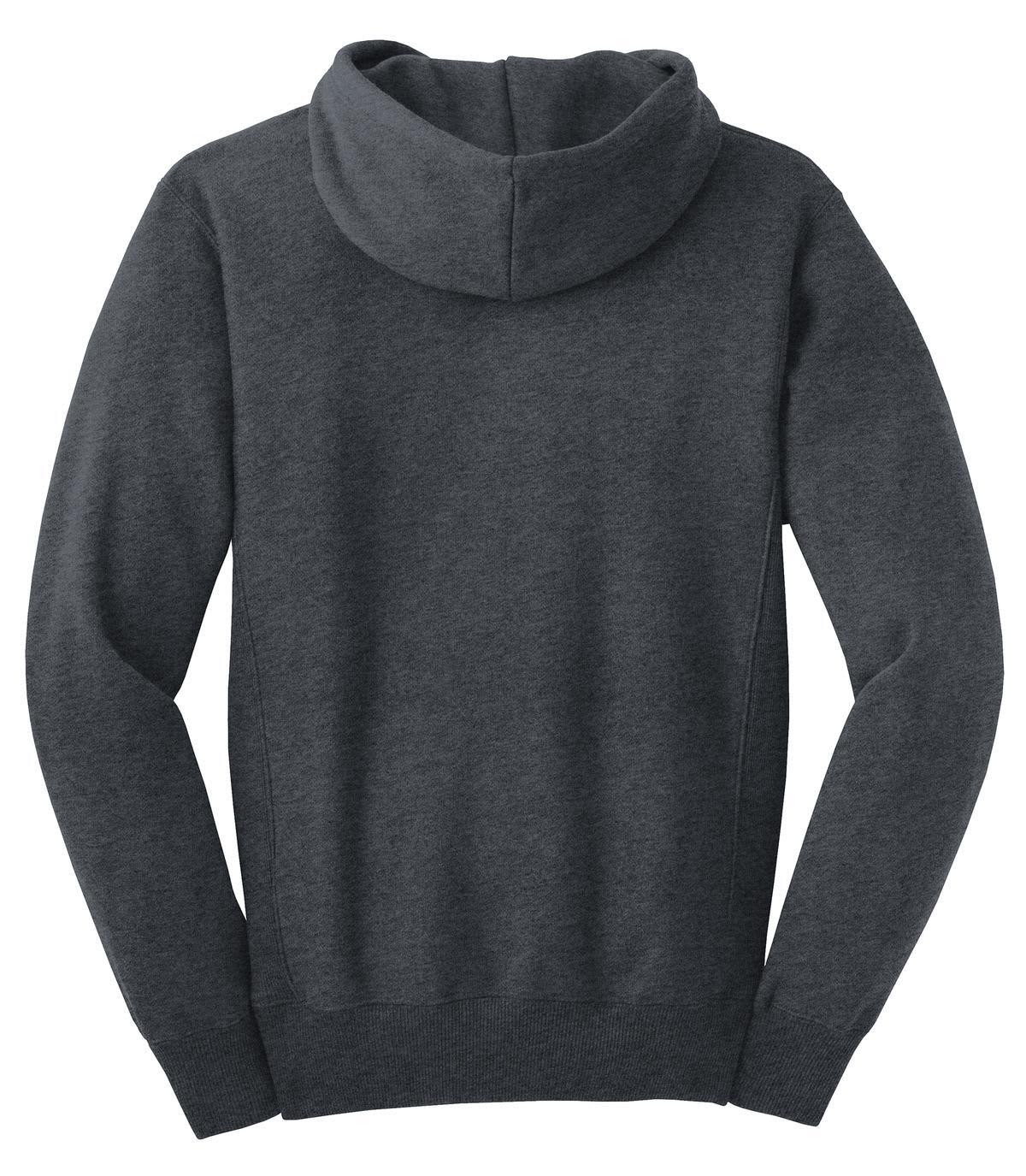 A grey pullover hooded sweatshirt with a classic fit, featuring a hood and long sleeves. It has a logo on the front.
