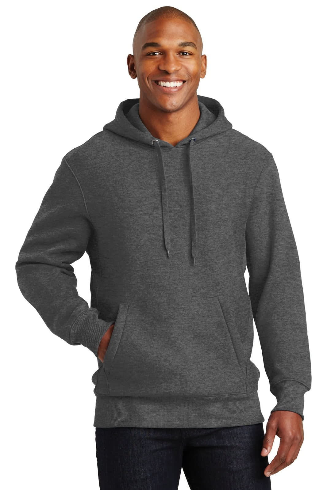 A grey Sport-Tek Super Heavyweight Pullover Hooded Sweatshirt with a front pocket and a hood, featuring a logo.