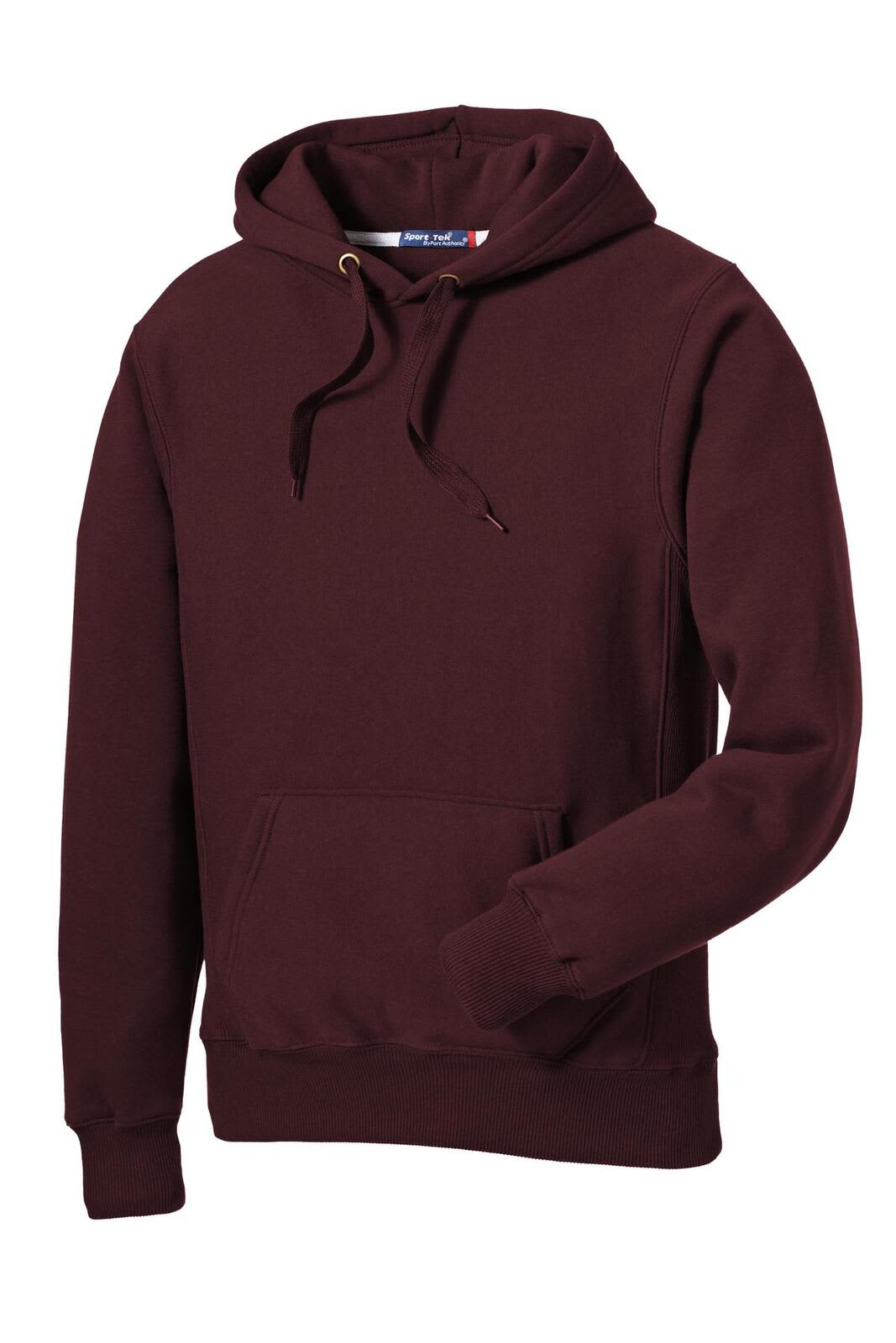A burgundy hooded sweatshirt with a kangaroo pocket and adjustable drawstrings, featuring a branding logo.