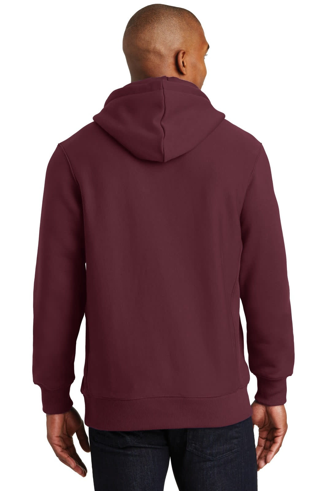 A maroon pullover hooded sweatshirt with a plain back, featuring a logo on the upper section.