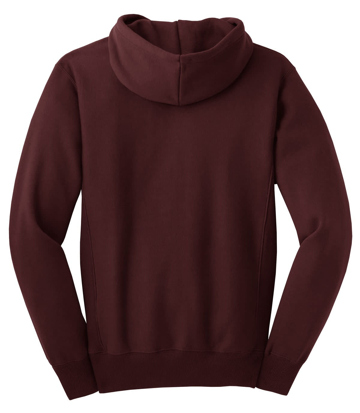 A burgundy pullover hooded sweatshirt with a plain back and a hood, featuring a logo.