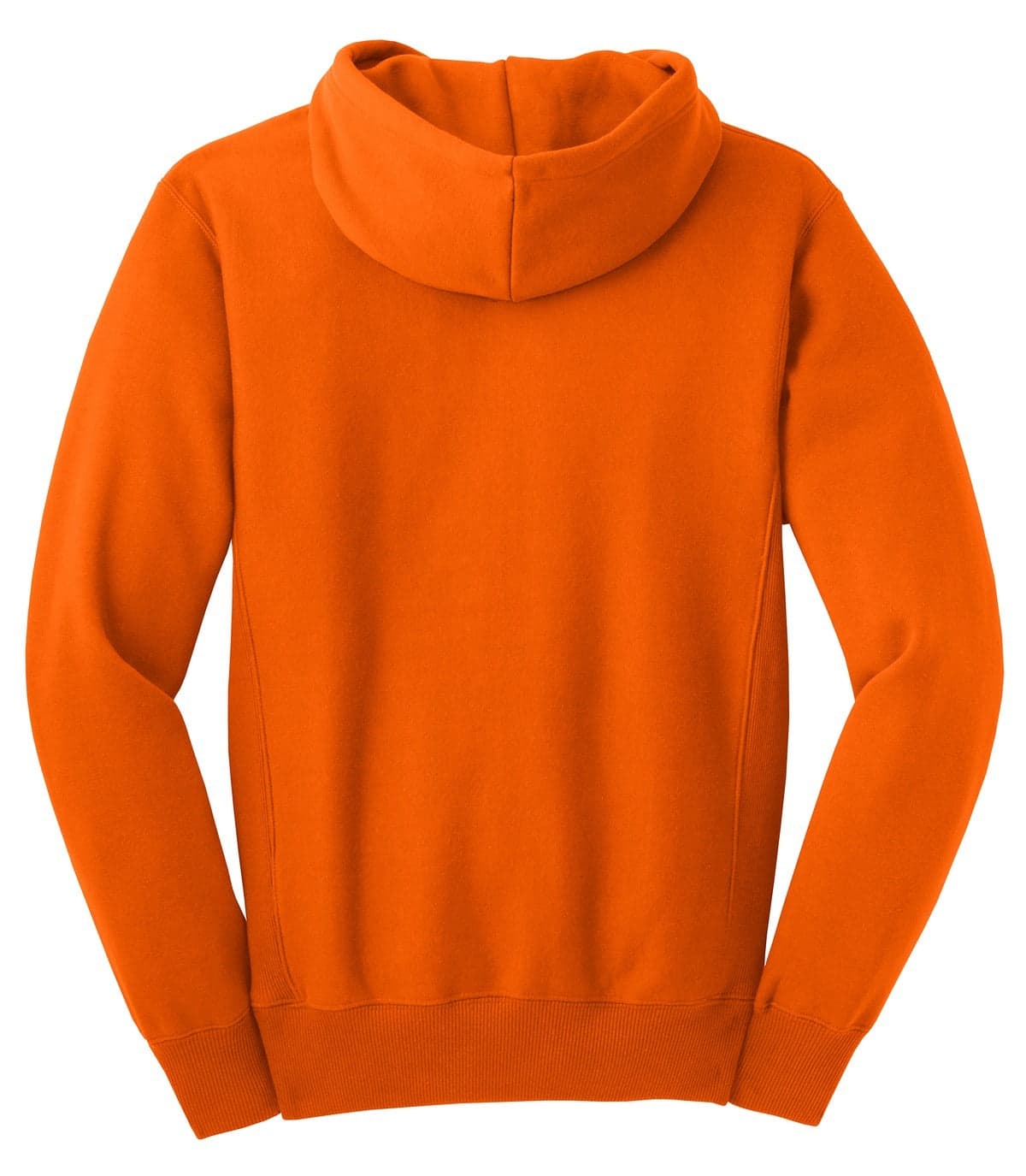 An orange pullover hooded sweatshirt with a back view, featuring a simple design and a hood.