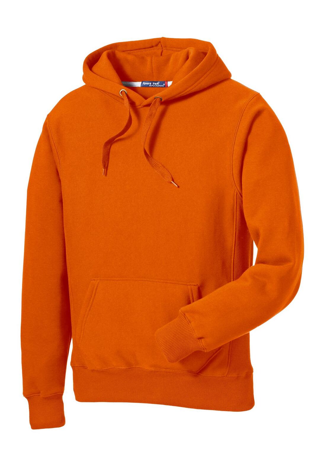 An orange Super Heavyweight Pullover Hooded Sweatshirt featuring a front pocket and a drawstring hood.
