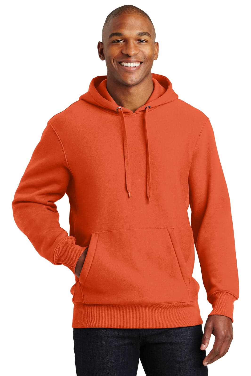 An orange hooded sweatshirt with a front pocket and drawstrings, featuring a logo.