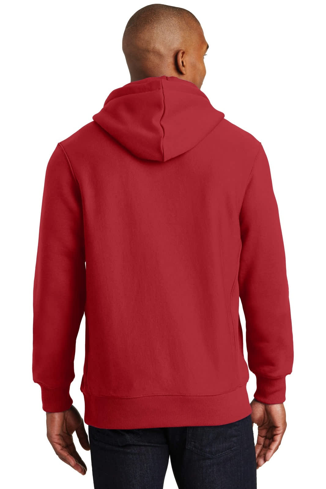 A red hooded sweatshirt with a back view, featuring a logo and a kangaroo pocket.