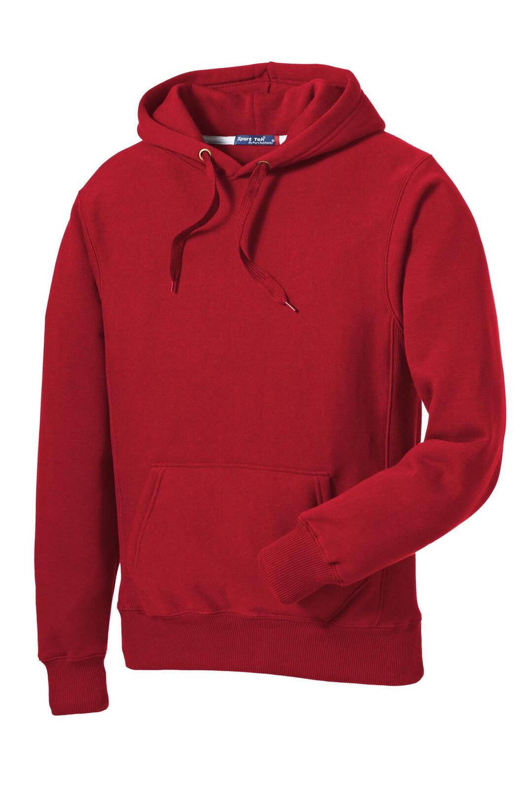 A red pullover hooded sweatshirt with a front pocket and drawstring hood, featuring a logo.