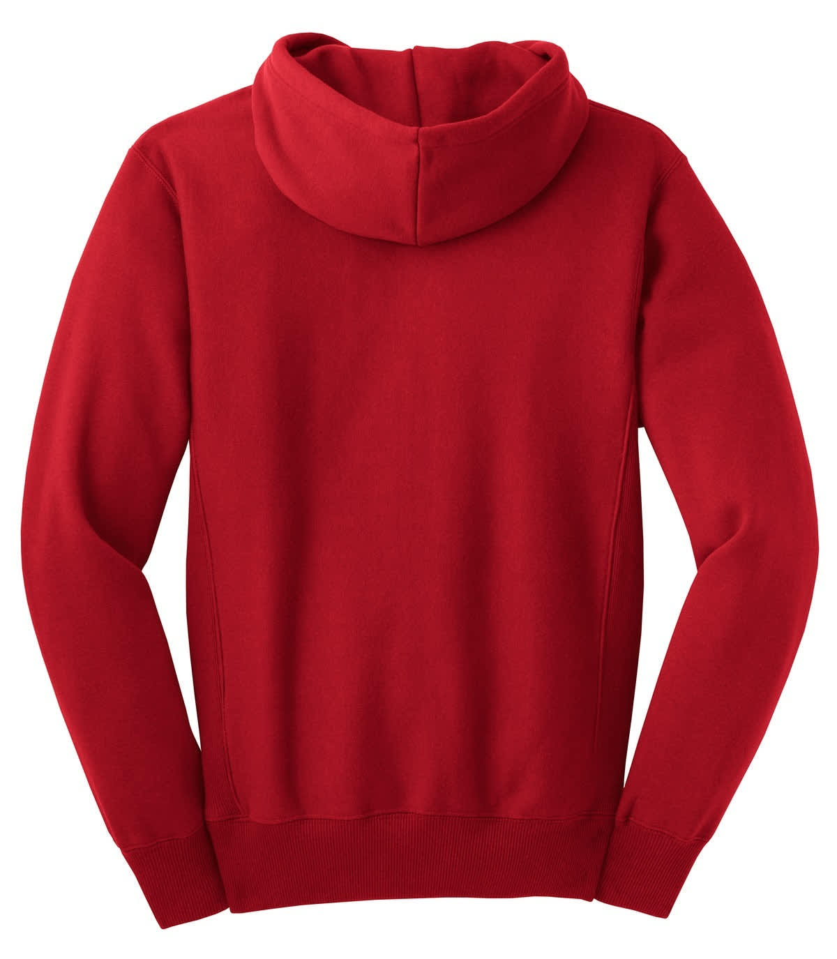 A red pullover hooded sweatshirt with a hood and long sleeves, featuring a logo.